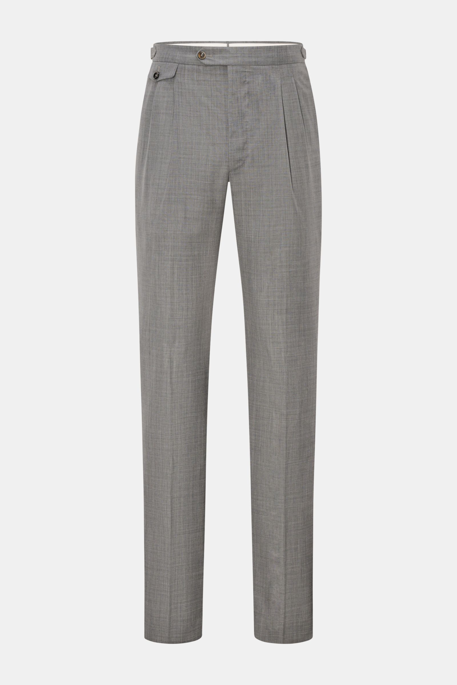 Front view of PT Torino Wool trousers 'Gentleman Fit' grey mottled, made of pure Super 130'S virgin wool with slim, tapered cut and double pleats. 

Description: For the exclusive trousers 'Gentleman Fit', PT TORINO has chosen virgin wool in lightweight S
