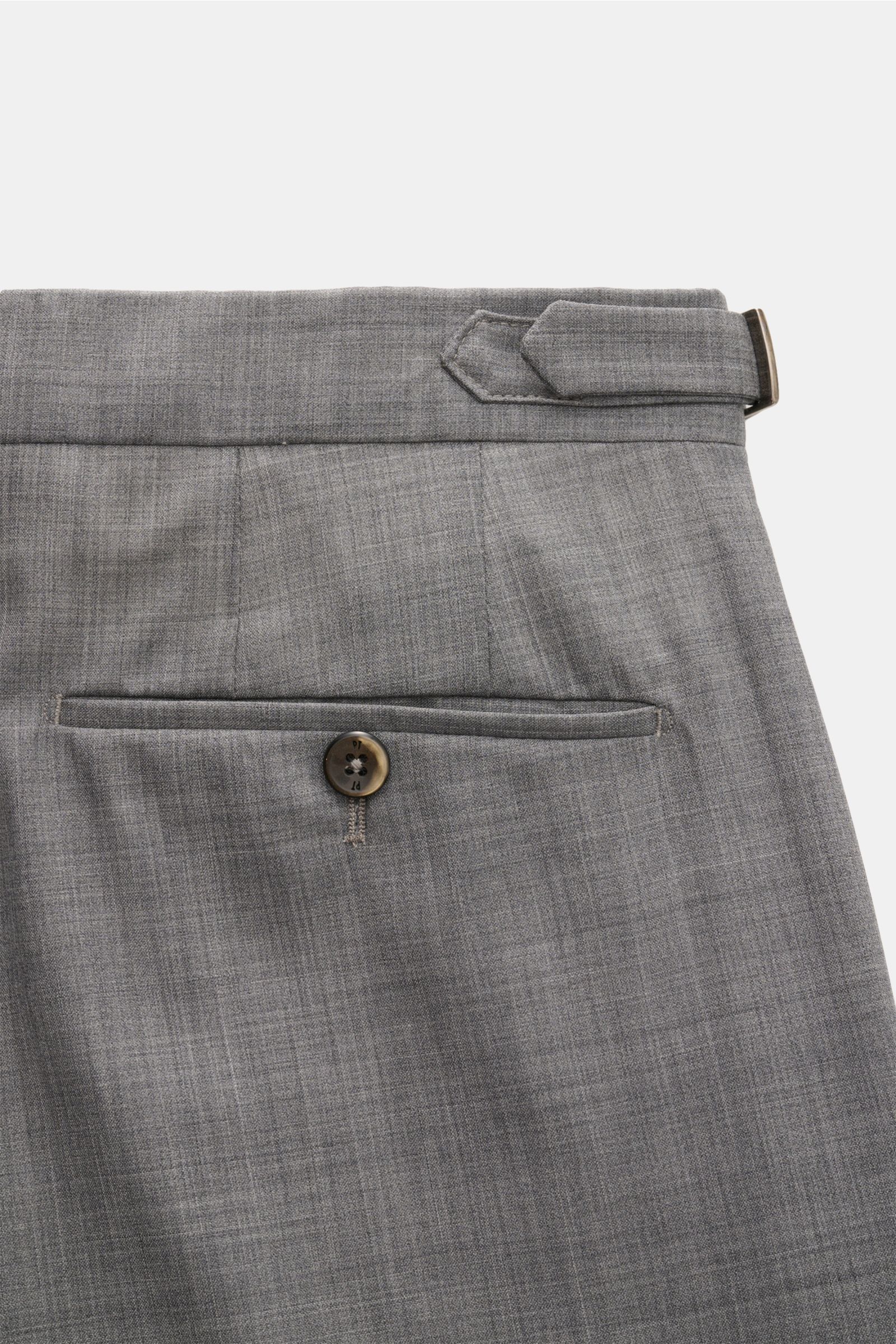 PT Torino Wool trousers 'Gentleman Fit' grey mottled shown from close-up rear side, highlighting buttoned jetted pocket, side adjuster and fine wool texture. For the exclusive trousers 'Gentleman Fit', PT TORINO has chosen virgin wool in lightweight Su