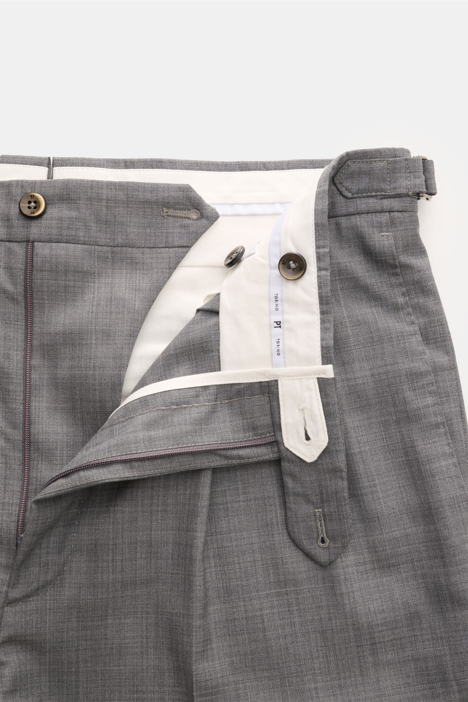 PT Torino Wool trousers 'Gentleman Fit' grey mottled shown from top front with open waistband, zip, buttons, and side adjuster in lightweight Super 130'S virgin wool.