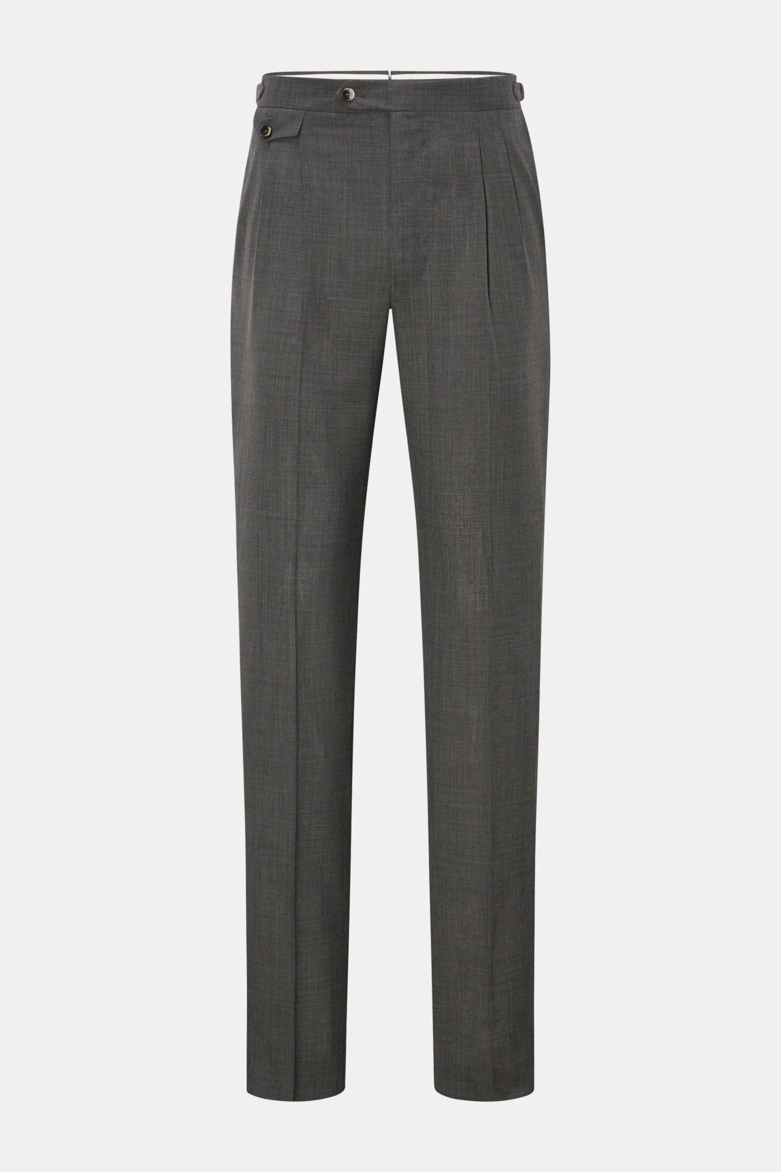PT Torino Wool trousers 'Gentleman Fit' dark grey mottled, front view, slim fit virgin wool with double pleats, side adjusters, and buttoned pockets.