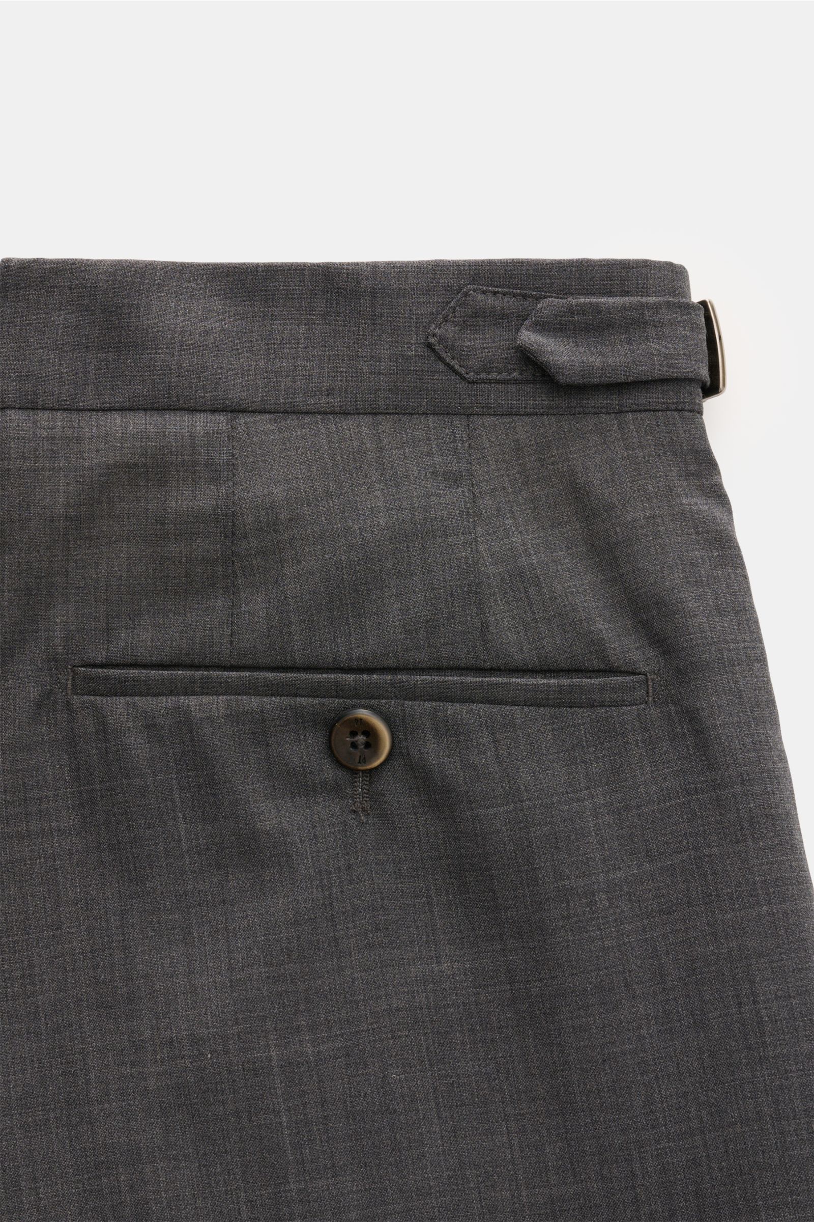 Close-up rear view of PT Torino Wool trousers 'Gentleman Fit' dark grey mottled, showing side adjuster, buttoned jetted back pocket, and fine wool texture.

For the exclusive trousers 'Gentleman Fit', PT TORINO has chosen virgin wool in lightweight Sup