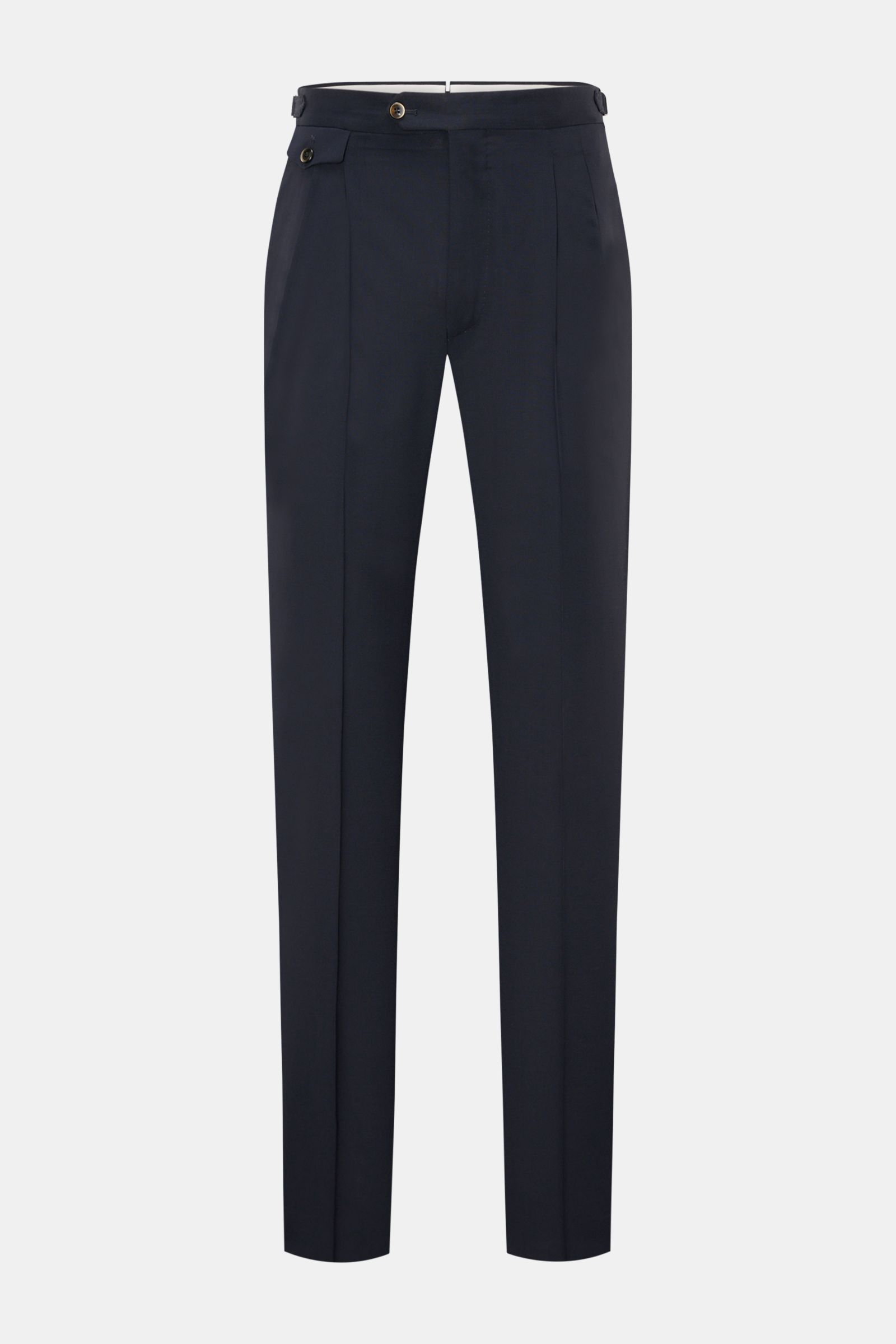 Front view of PT Torino Wool trousers 'Gentleman Fit' navy in pure Super 130'S virgin wool, slim, tapered, with double pleats and side adjusters.