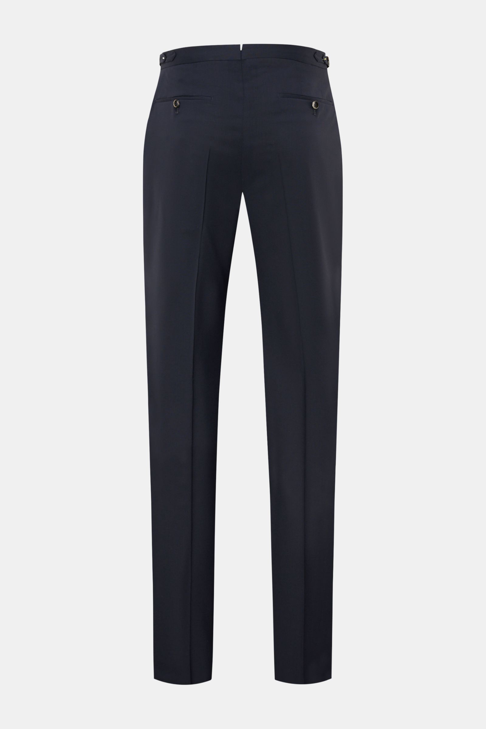 Rear view of PT Torino Wool trousers 'Gentleman Fit' navy in pure Super 130'S virgin wool with slim, tapered cut, double pleats, side adjusters, and buttoned jetted back pockets. For the exclusive trousers 'Gentleman Fit', PT TORINO has chosen virgin wool