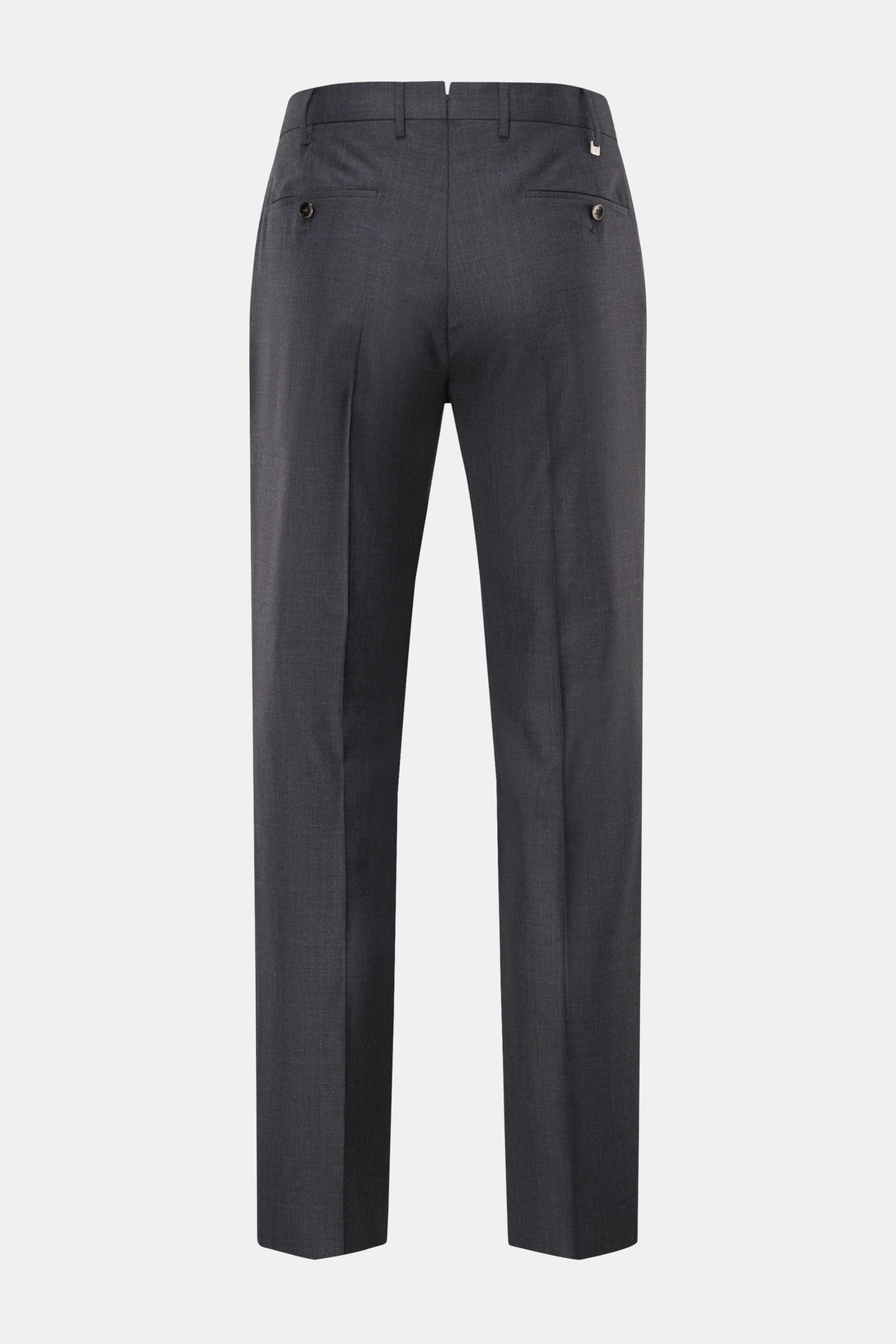 PT Torino Wollhose 'City' dunkelgrau meliert, Rückansicht, Regular Fit aus Super 160'S Schurwolle, Bundknöpfe, Reißverschluss, französische Taschen, offene Länge.