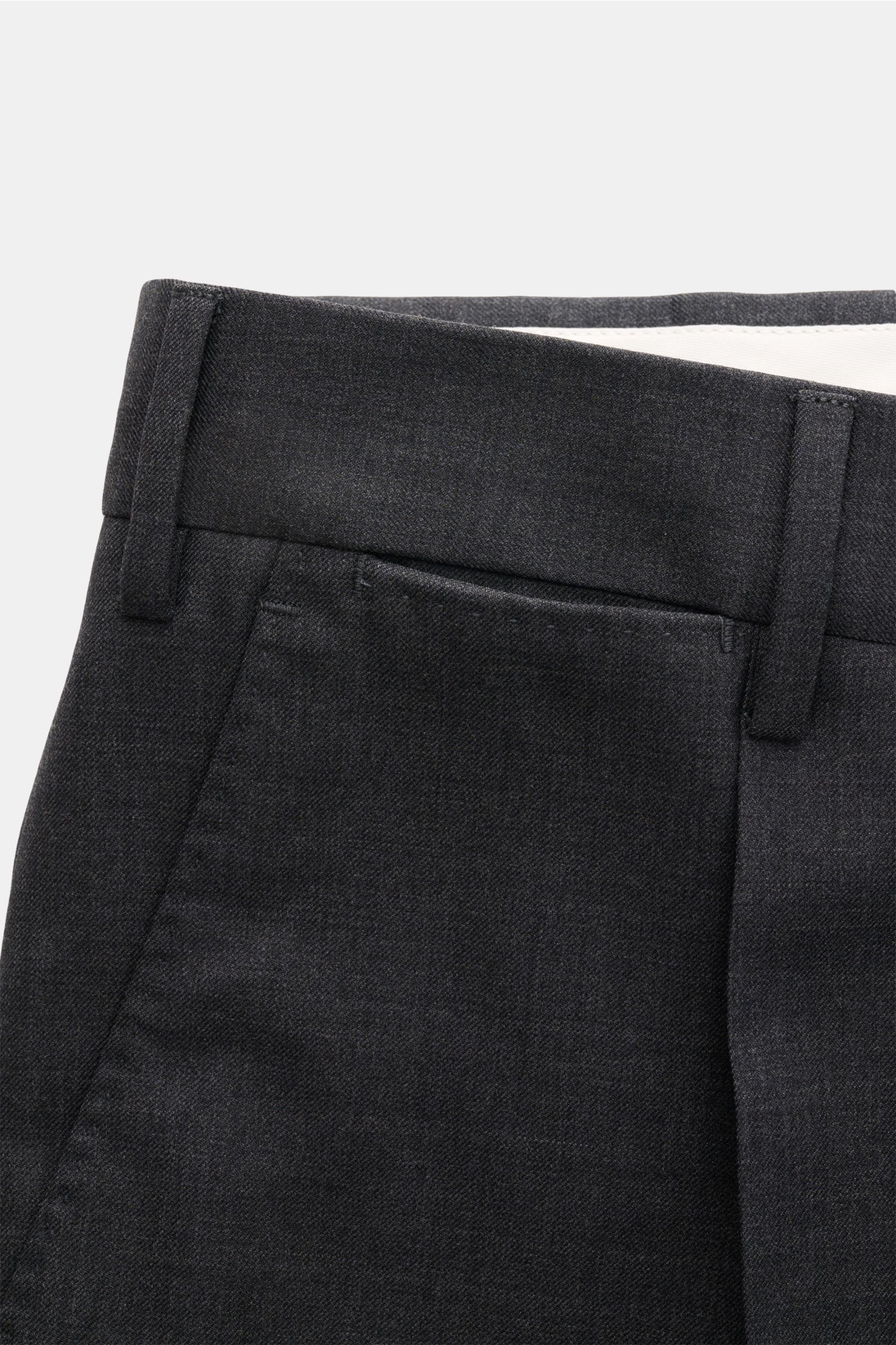 PT Torino Wollhose 'City' dunkelgrau meliert, aus Super 160'S Schurwolle, Frontansicht mit Bund, französischer Tasche, Reißverschluss, Bundknöpfen.