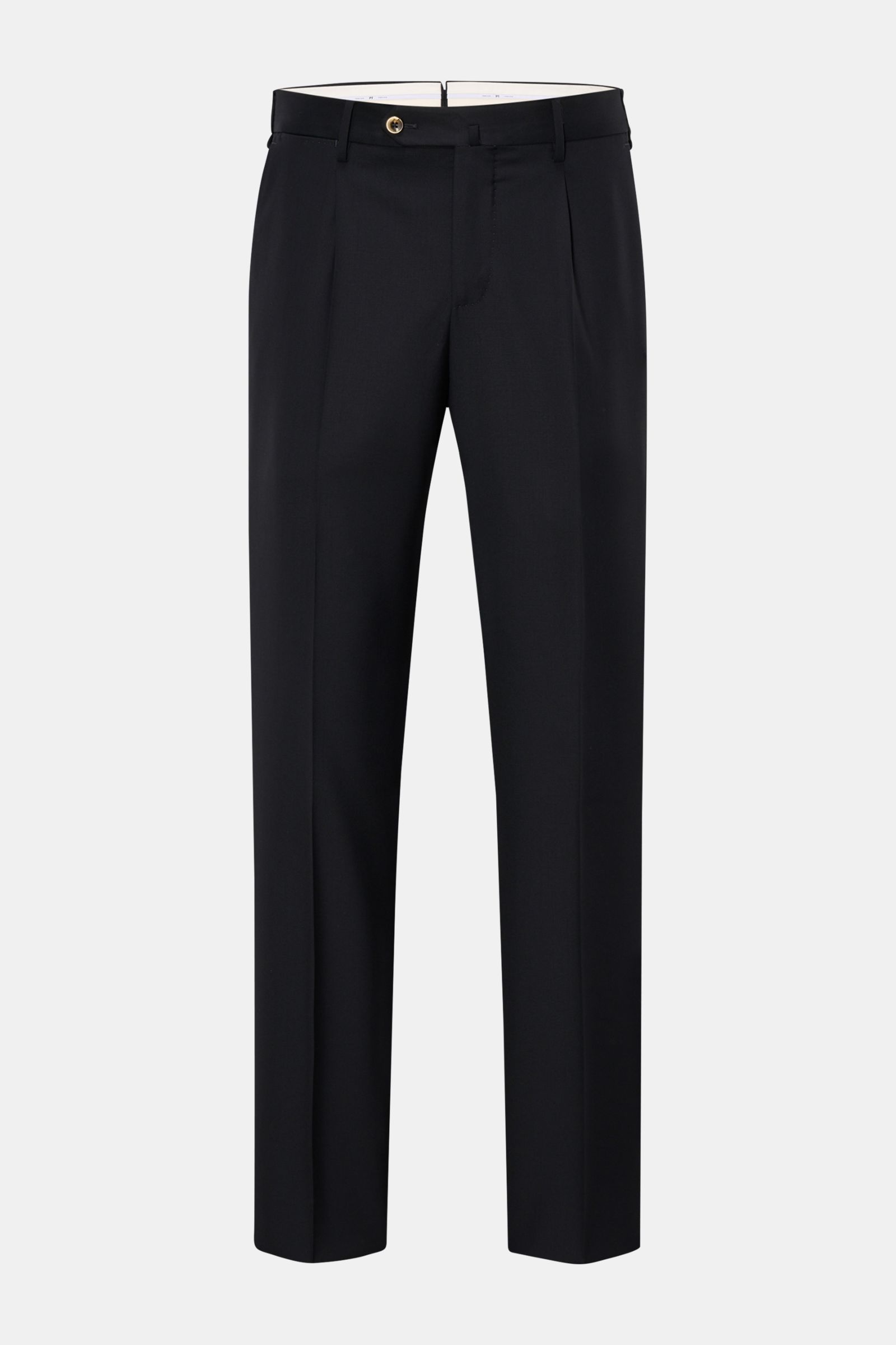 PT Torino Wollhose 'City' schwarz, Frontansicht, Regular Fit aus reiner Super 160'S Schurwolle mit Bundfalte, französischen Taschen und Knopfverschluss.