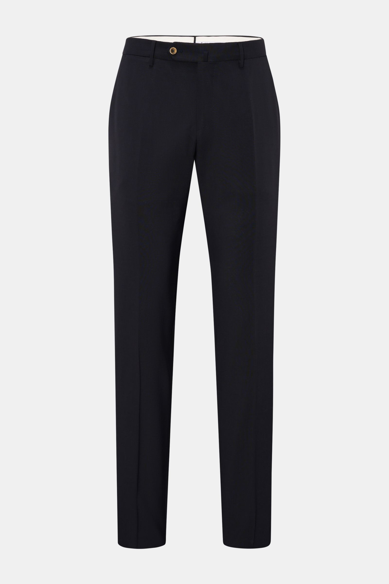Front view of PT Torino Wool trousers 'Slim Fit' navy, showcasing slim fit, tapered cut, zip, waist buttons, French pockets, small watch pocket, and jetted back pockets with button; elastic virgin wool fabric with smooth feel and lightweight design, perfe