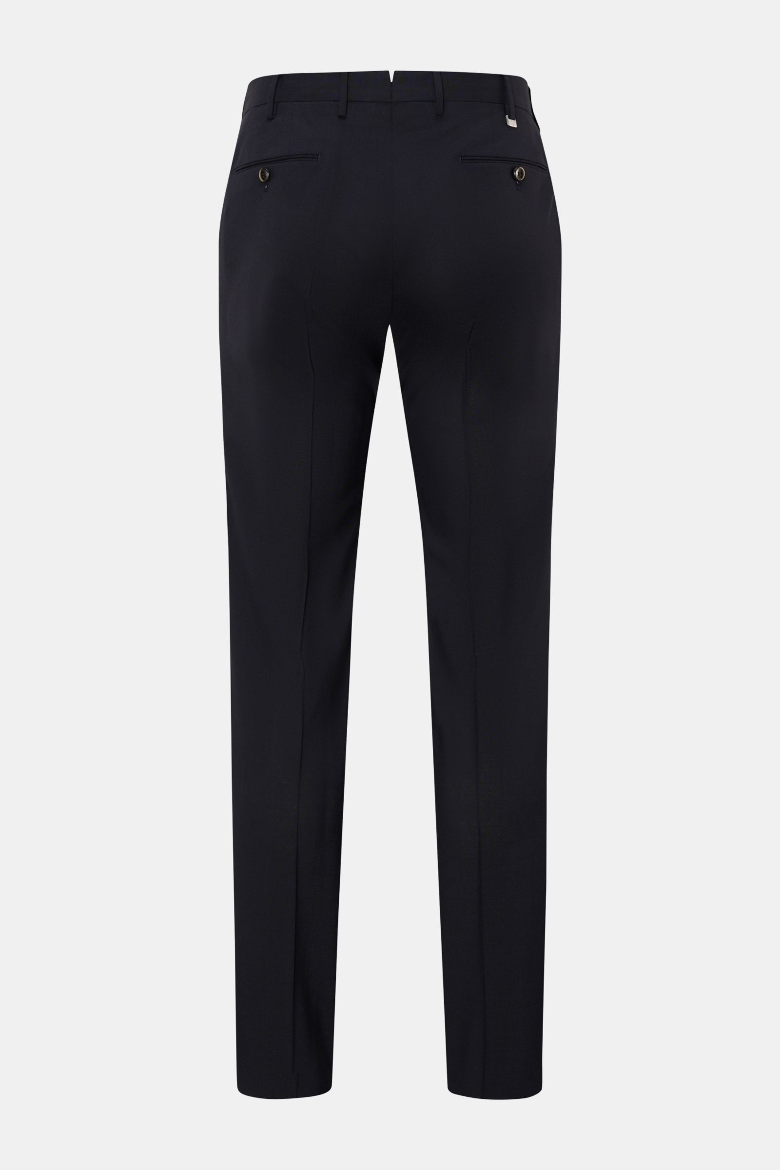 Rear view of PT Torino Wool trousers 'Slim Fit' navy, showcasing elastic virgin wool, slim tapered cut with zip, waist buttons, French pockets, small watch pocket, jetted back pockets with buttons, smooth lightweight fabric, open length, perfect for high-