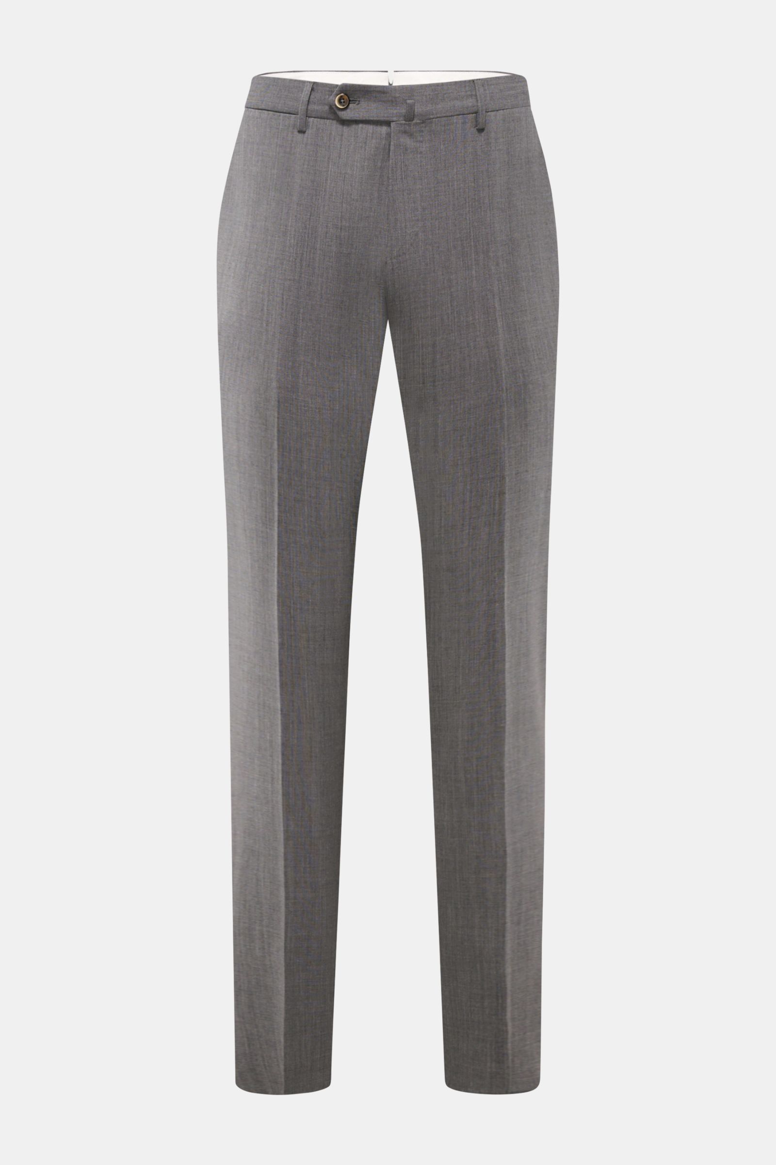 PT Torino Wollhose 'Slim Fit' grau meliert, frontal fotografiert, schmal zulaufend, elastische Schurwolle, glatter Griff, französische Taschen, Reißverschluss mit Bundknöpfen.