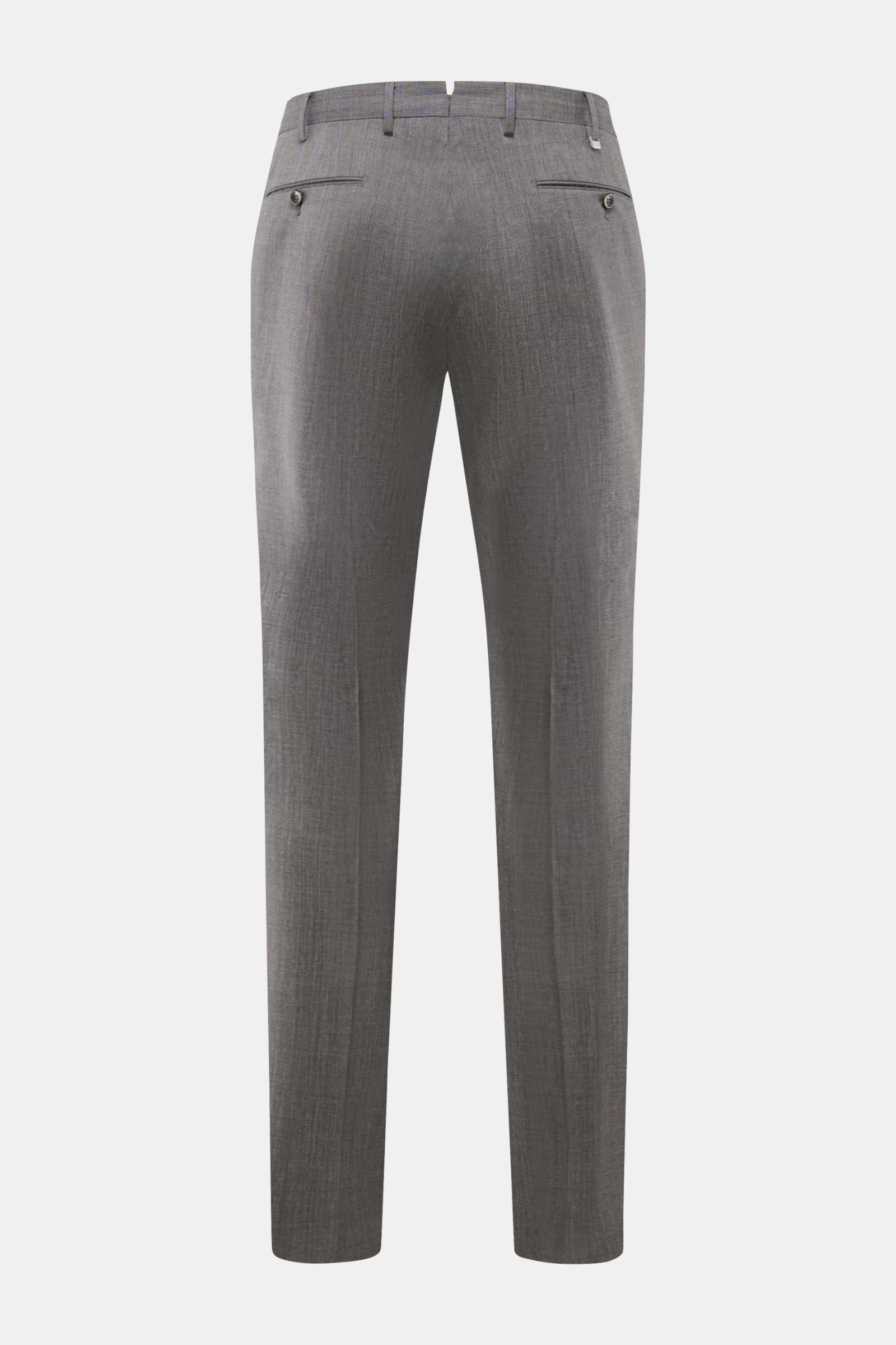 PT Torino Wollhose 'Slim Fit' grau meliert, Rückansicht, schmal zulaufend, aus elastischer, glatter Schurwolle mit französischen und paspelierten Taschen.
