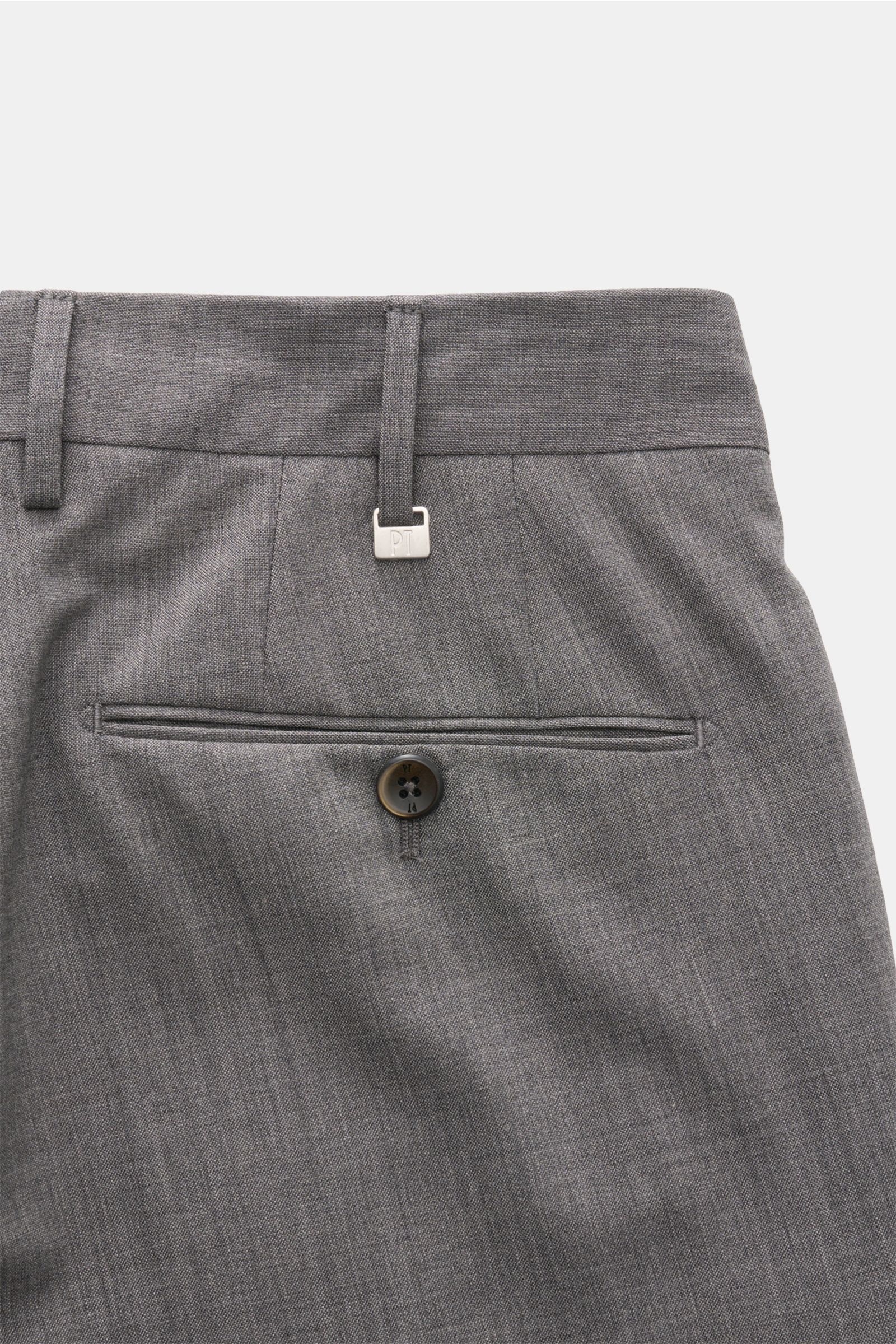 PT Torino Wollhose 'Slim Fit' grau meliert, Detailaufnahme von hinten schmal zulaufend mit französischer Tasche, Knopf, Uhrentasche, edle elastische Schurwolle.