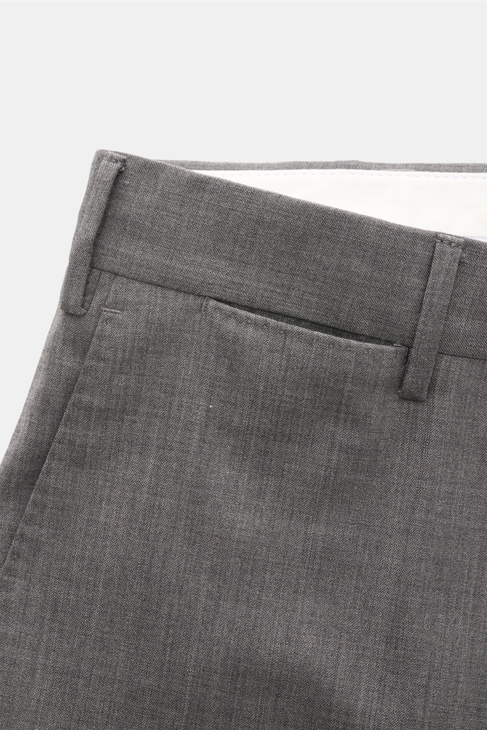 PT Torino Wollhose 'Slim Fit' grau meliert, Nahaufnahme von Bund und Tasche, elastische Schurwolle, glatter Griff, schmal zulaufend für Office-Look.