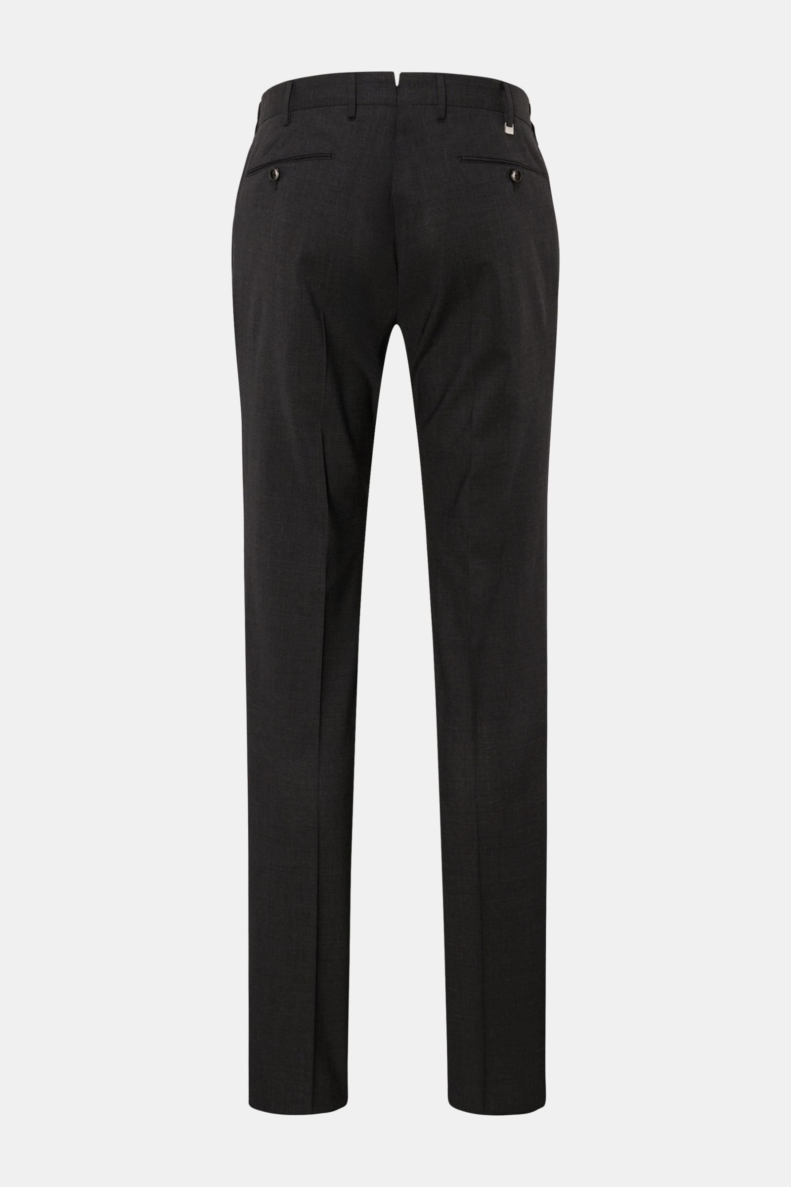 PT Torino Wollhose 'Slim Fit' anthrazit shown from the back, slim fit wool trousers with elastic fine yarn, smooth feel, light quality, tapered legs, zipper, buttoned waistband, French pockets, small watch pocket, and welted back pockets with buttons. 