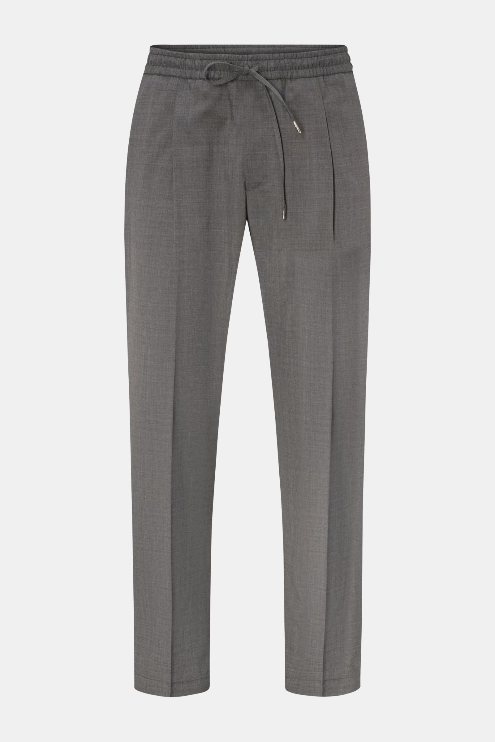 Front view of Briglia 1949 Wool jogger pants 'Wimbledon' grey mottled, lightweight wool-microfibre blend, tapered fit, elastic waistband, drawstring, zip fly, single pleat, French and hip pockets, ankle length. Italian style and maximum comfort meet in th