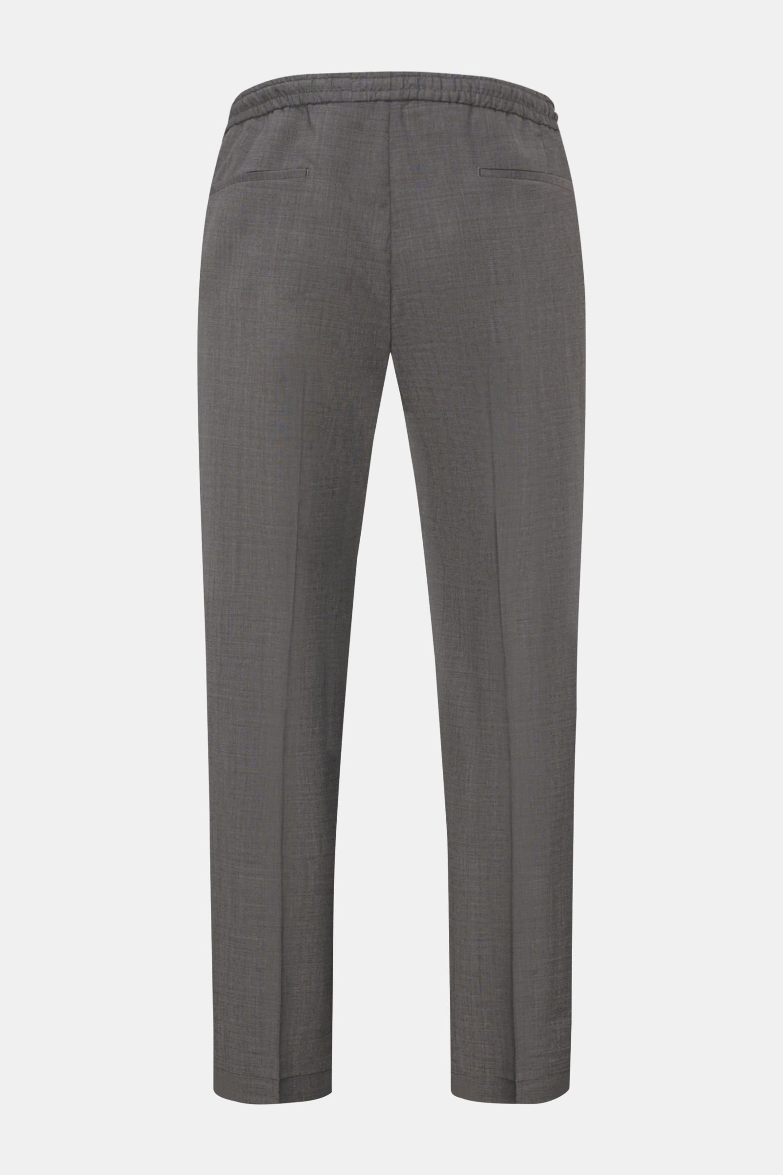 Rear view of Briglia 1949 Wool jogger pants 'Wimbledon' grey mottled, lightweight wool-microfibre blend with elasticated waistband, zip fly, tapered fit, single pleat, French pockets, and hip pockets, ankle length, high waist for business and casual wear.