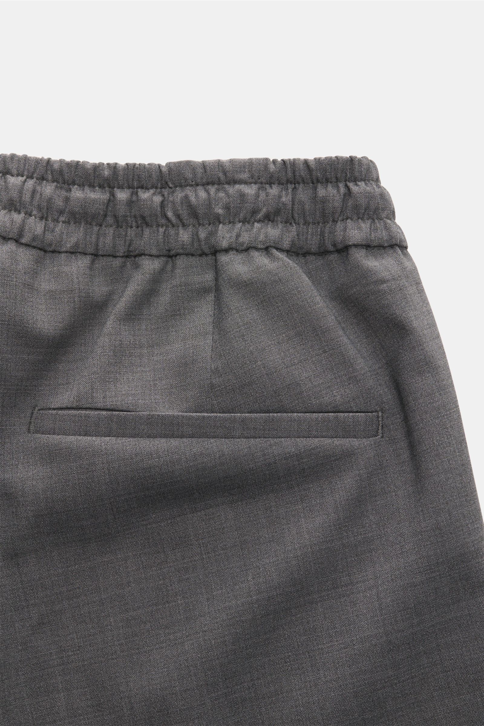 Close-up rear view of Briglia 1949 Wool jogger pants 'Wimbledon' grey mottled, showing elasticated waistband with drawstring, single pleat, and hip pocket. Italian style and maximum comfort meet in the lightweight jogger pants 'Wimbledon' from BRIGLIA 194