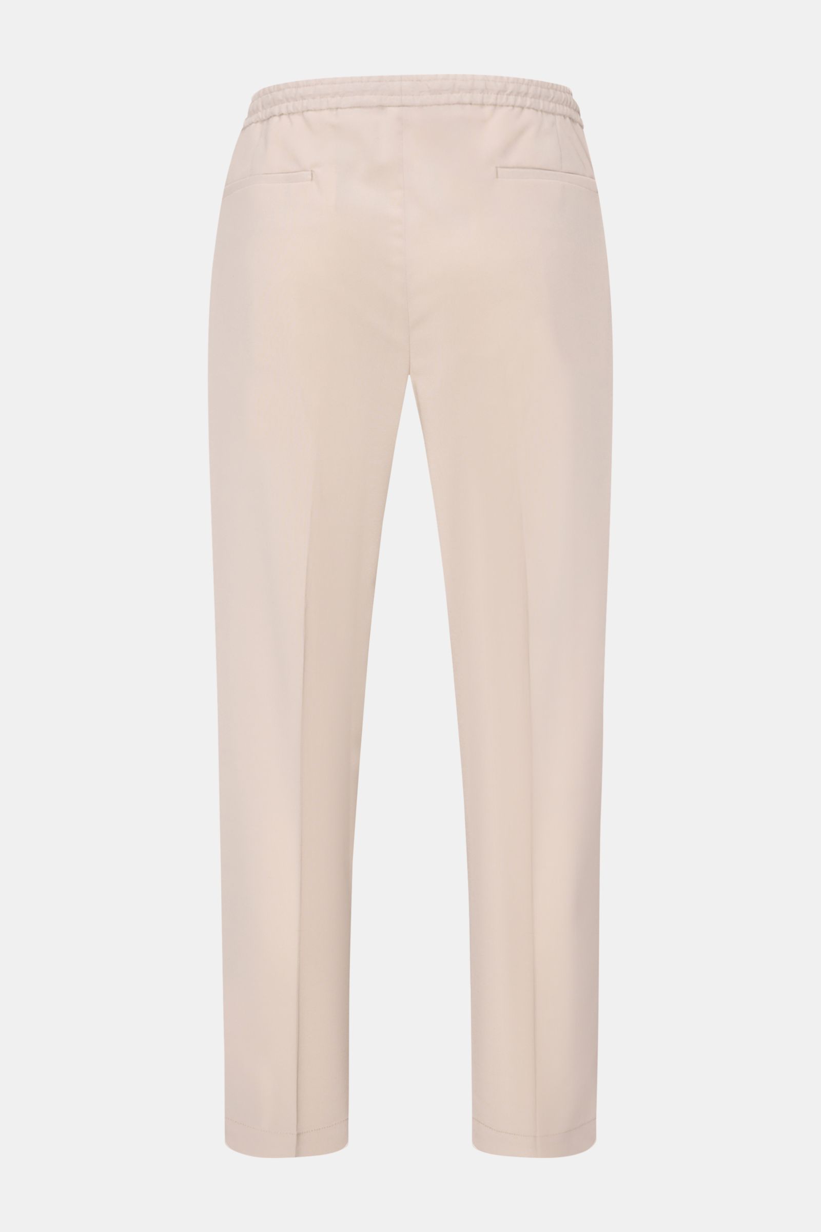 Rear view of Briglia 1949 Wool jogger pants 'Wimbledon' sand in lightweight wool-microfibre blend, high waist, elasticated waistband with drawstring, tapered fit, single pleat, French and hip pockets, ankle length, soft feel, versatile for business and ca