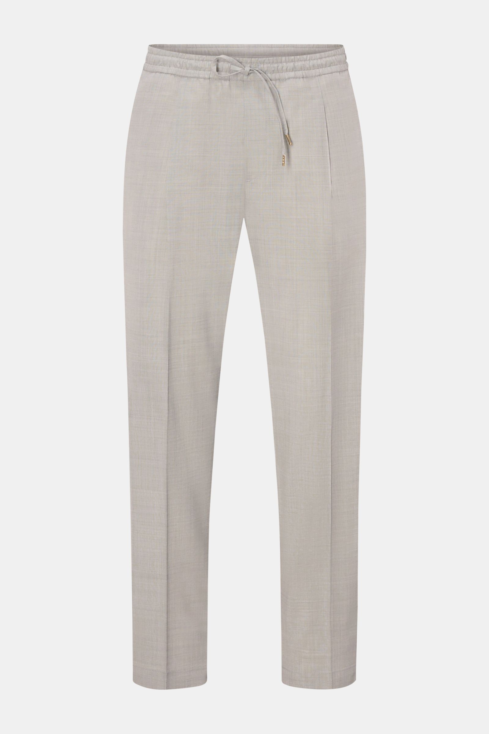 Front view of Briglia 1949 Wool jogger pants 'Wimbledon' light grey mottled, lightweight wool blend, tapered fit, elastic waistband with drawstring, zip fly, single pleat, French and hip pockets, ankle length, high waist, soft feel, versatile for business
