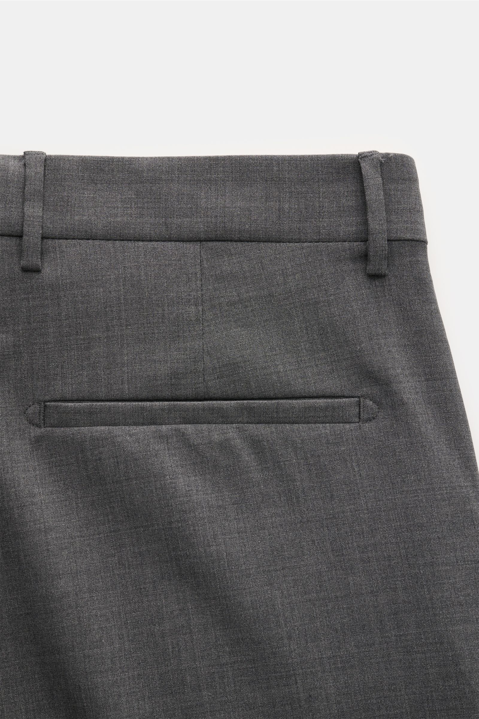 Berwich Wollhose 'Chiaia' dunkelgrau meliert, Rückansicht, reine Schurwolle, leicht elastisch, Tapered Fit, knöchellang, Leistentasche, Bundschlaufen, glatter Griff.