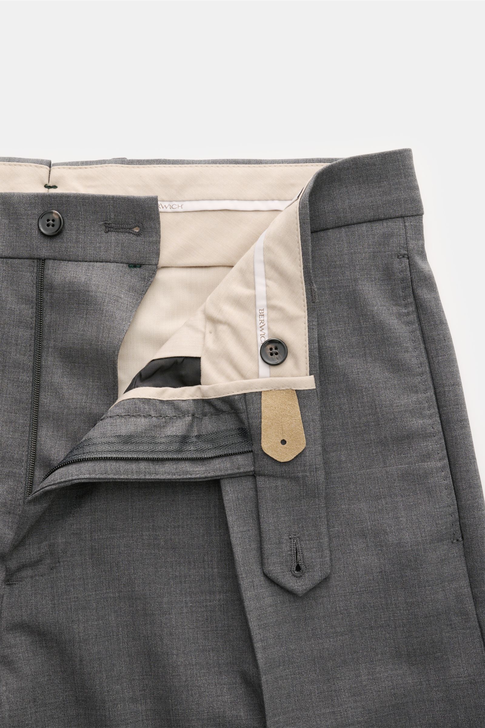 Berwich Wollhose 'Chiaia' dunkelgrau meliert, Tapered Fit, knöchellang, Reißverschluss, Bundknöpfe, Innenansicht Vorderseite, reine Schurwolle.