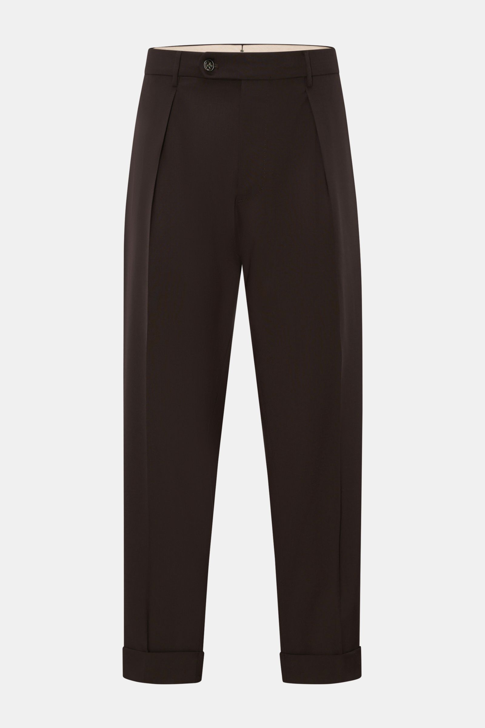 Front view of Berwich Wool trousers 'Chiaia' dark brown in pure virgin wool with tapered fit, single pleat, zip, buttons, side and hip pockets, fixed hem.

Description: The wool trousers 'Chiaia' by BERWICH give expression to traditional Italian tailor
