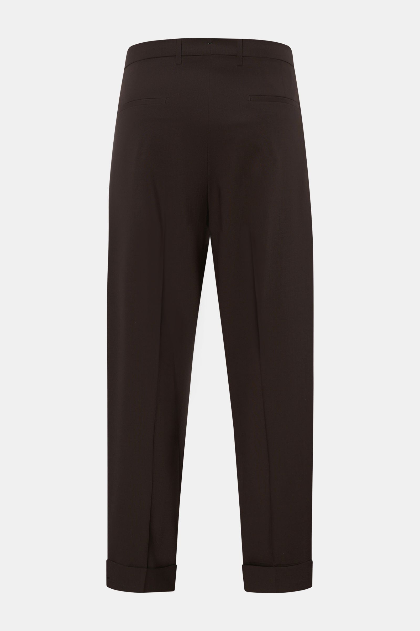 Rear view of Berwich Wool trousers 'Chiaia' dark brown, tapered fit, ankle length with fixed hem turn-up, side and hip pockets.

Description: The wool trousers 'Chiaia' by BERWICH give expression to traditional Italian tailoring with a modern tapered f