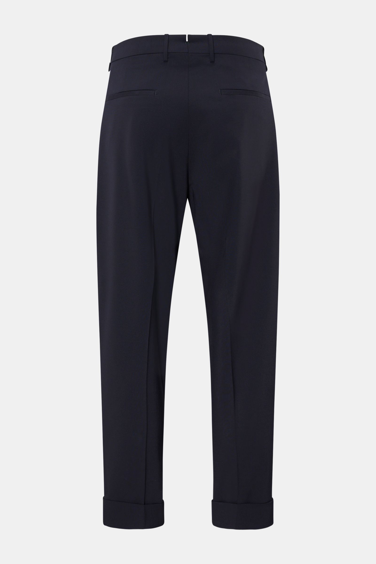 Rear view of Berwich Wool trousers 'Chiaia' navy, tapered fit ankle-length wool trousers with side and hip pockets, single pleat, and fixed hem turn-up.

Description: The wool trousers 'Chiaia' by BERWICH give expression to traditional Italian tailorin