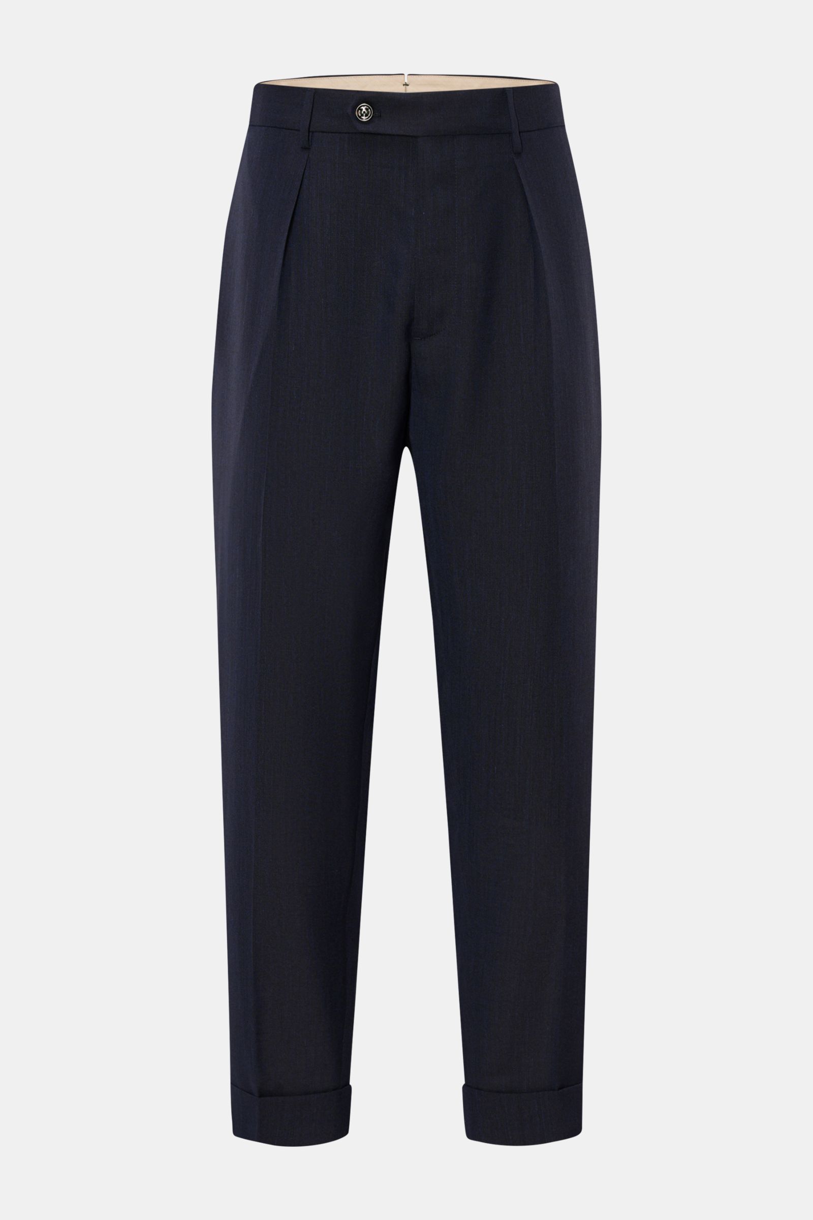 Front view of Berwich Hose 'Chiaia' navy meliert, tapered fit pants with soft wool, silk, and linen blend, ankle-length with pleats.