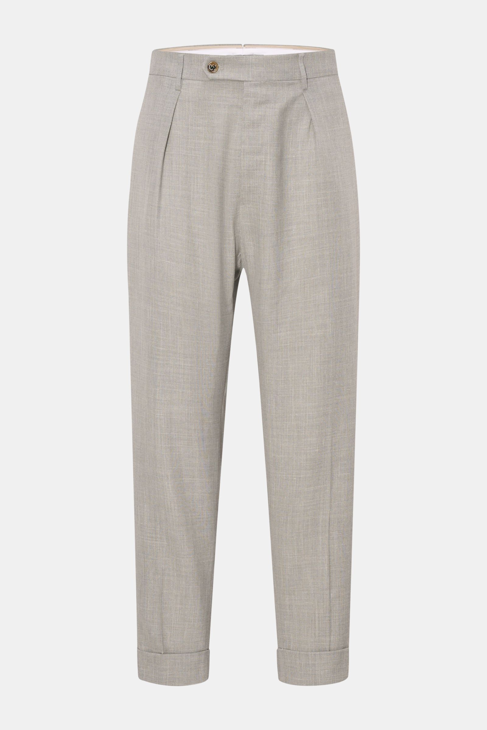 Front view of Berwich Hose 'Chiaia' hellgrau meliert in light grey melange with tapered fit, wool, silk, linen blend, waistband pleat, and cuffed ankles.