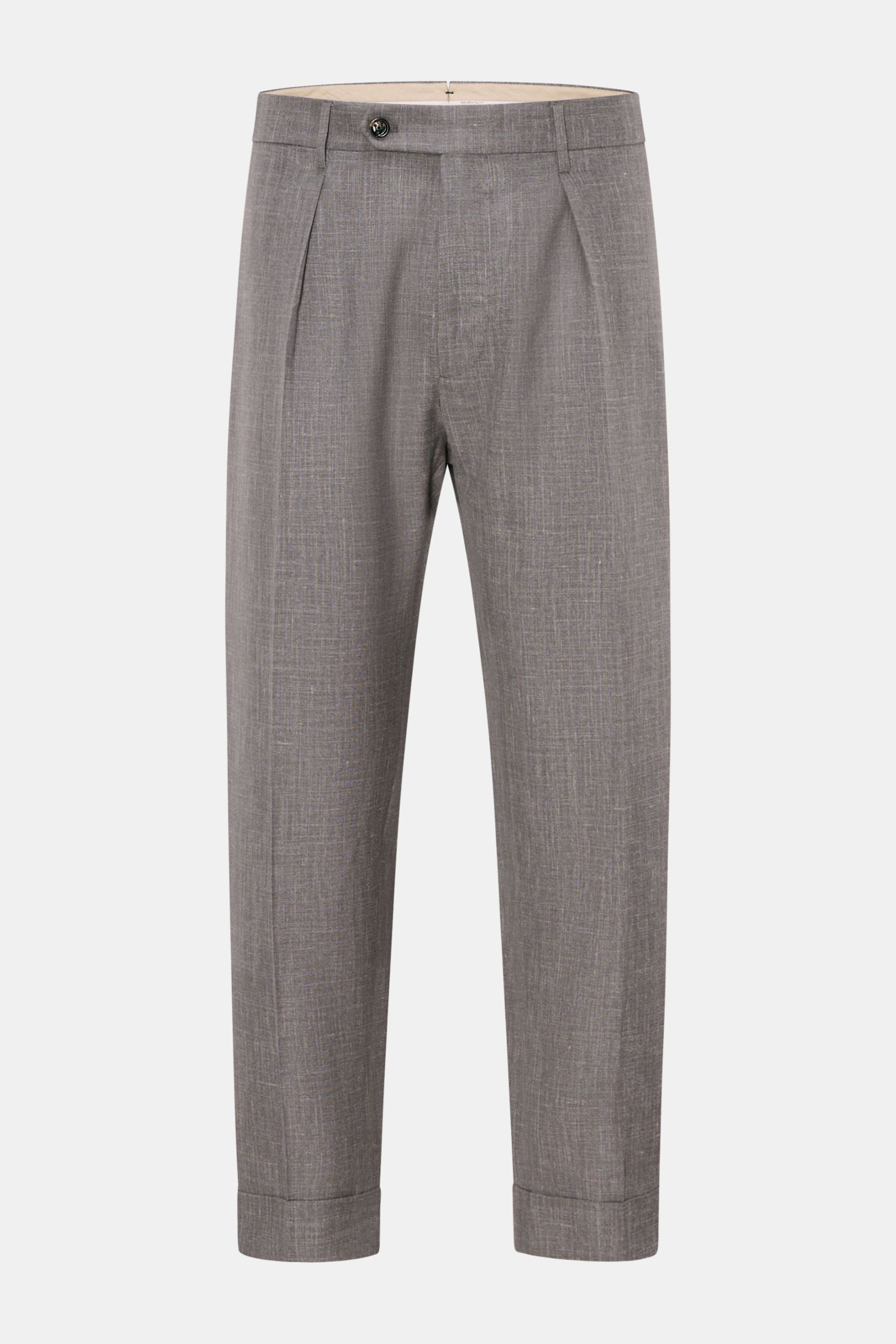 Berwich Hose 'Chiaia' grau meliert im Frontbild, Tapered Fit, Bundfalte, Materialmix Wolle, Seide, Leinen, knöchellang, schmal zulaufend, Taschen.