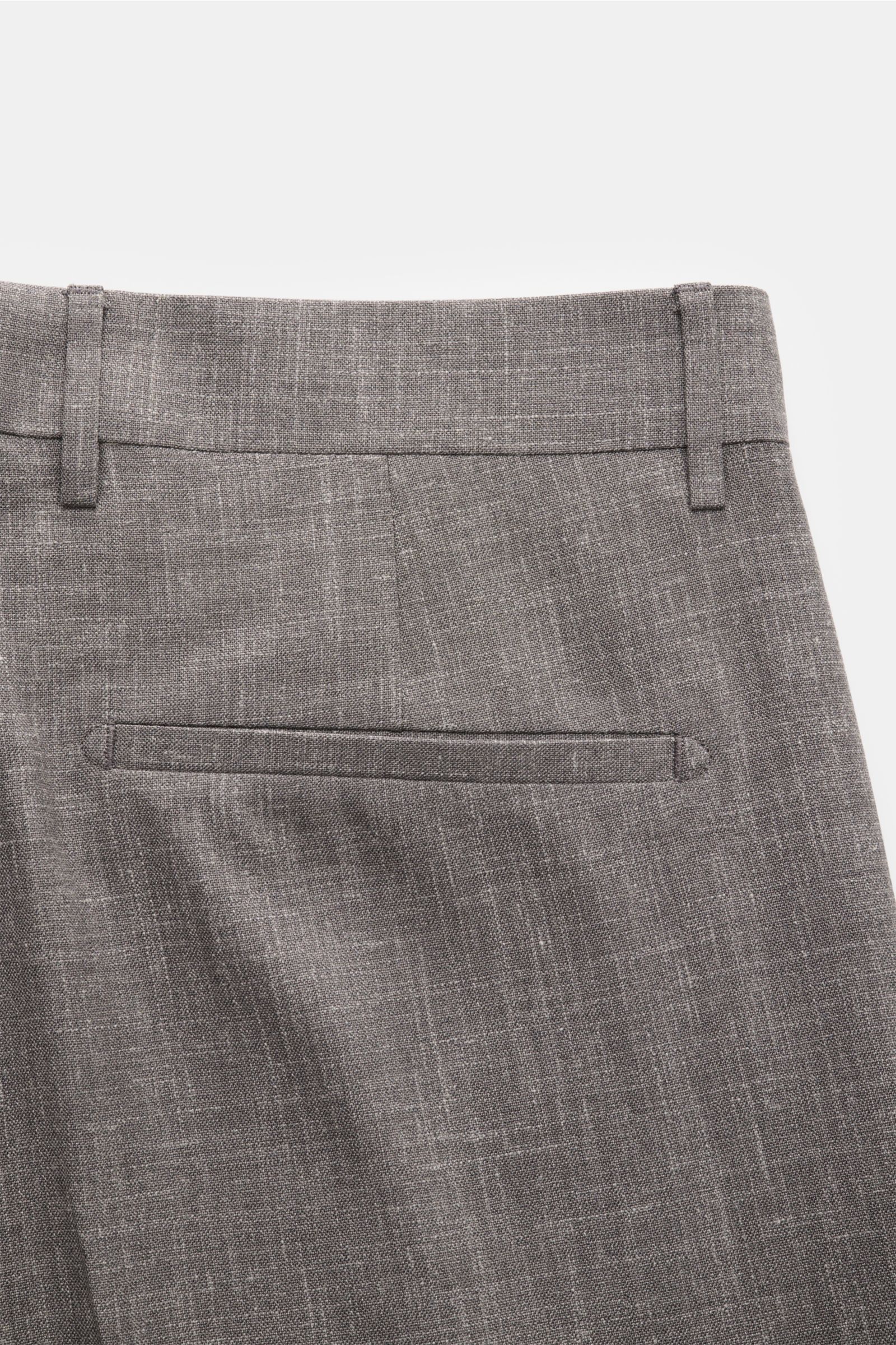 Berwich Hose 'Chiaia' grau meliert, Detailaufnahme von hinten oben mit Leistentasche, Bundfalte, Gürtelschlaufen, Woll-Seide-Leinen-Mix, Tapered Fit.