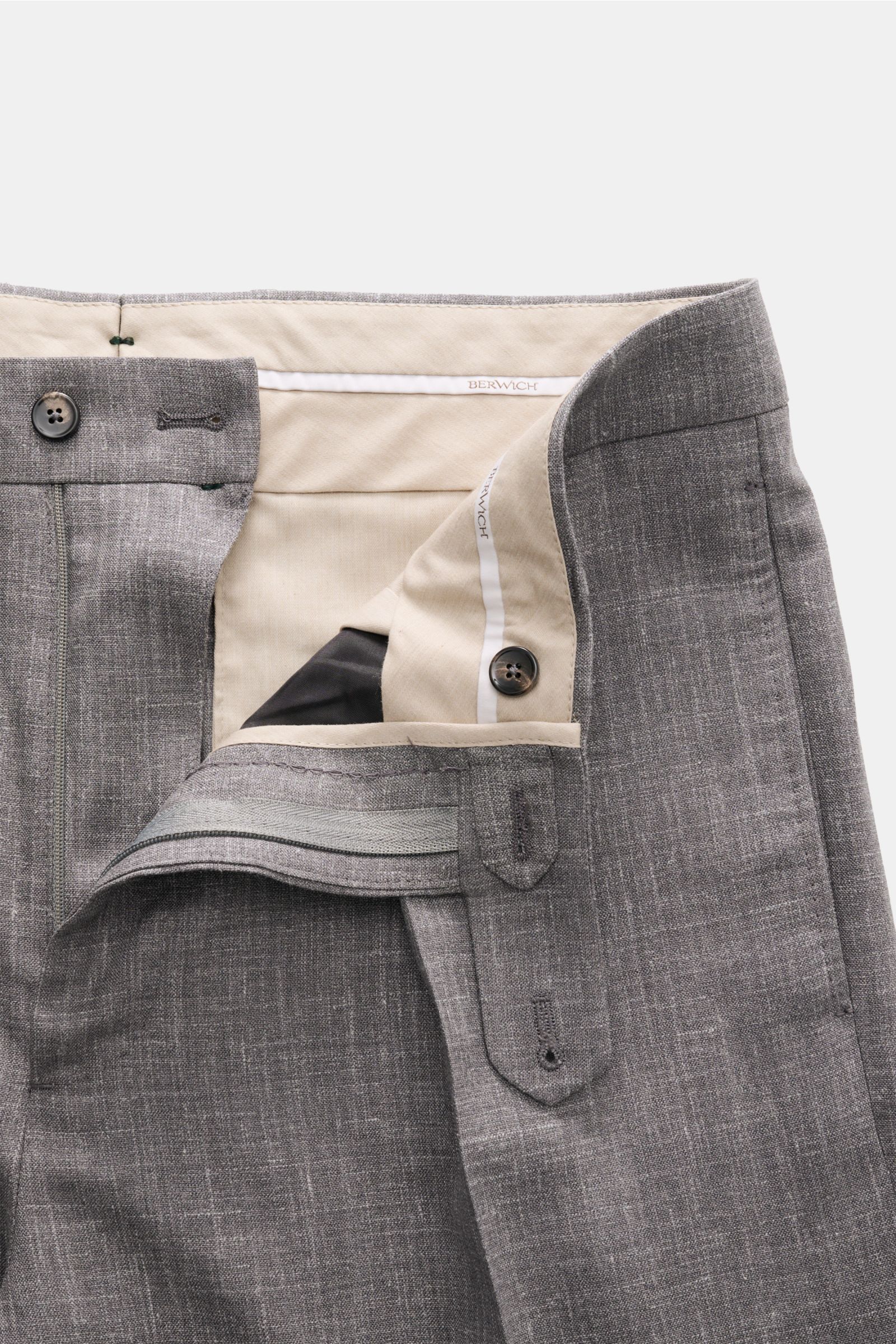 Berwich Hose 'Chiaia' grau meliert, Nahaufnahme von innen mit offenem Bund, knöpfen und Reißverschluss, Woll-Seide-Leinen-Mix, Bundfalte.