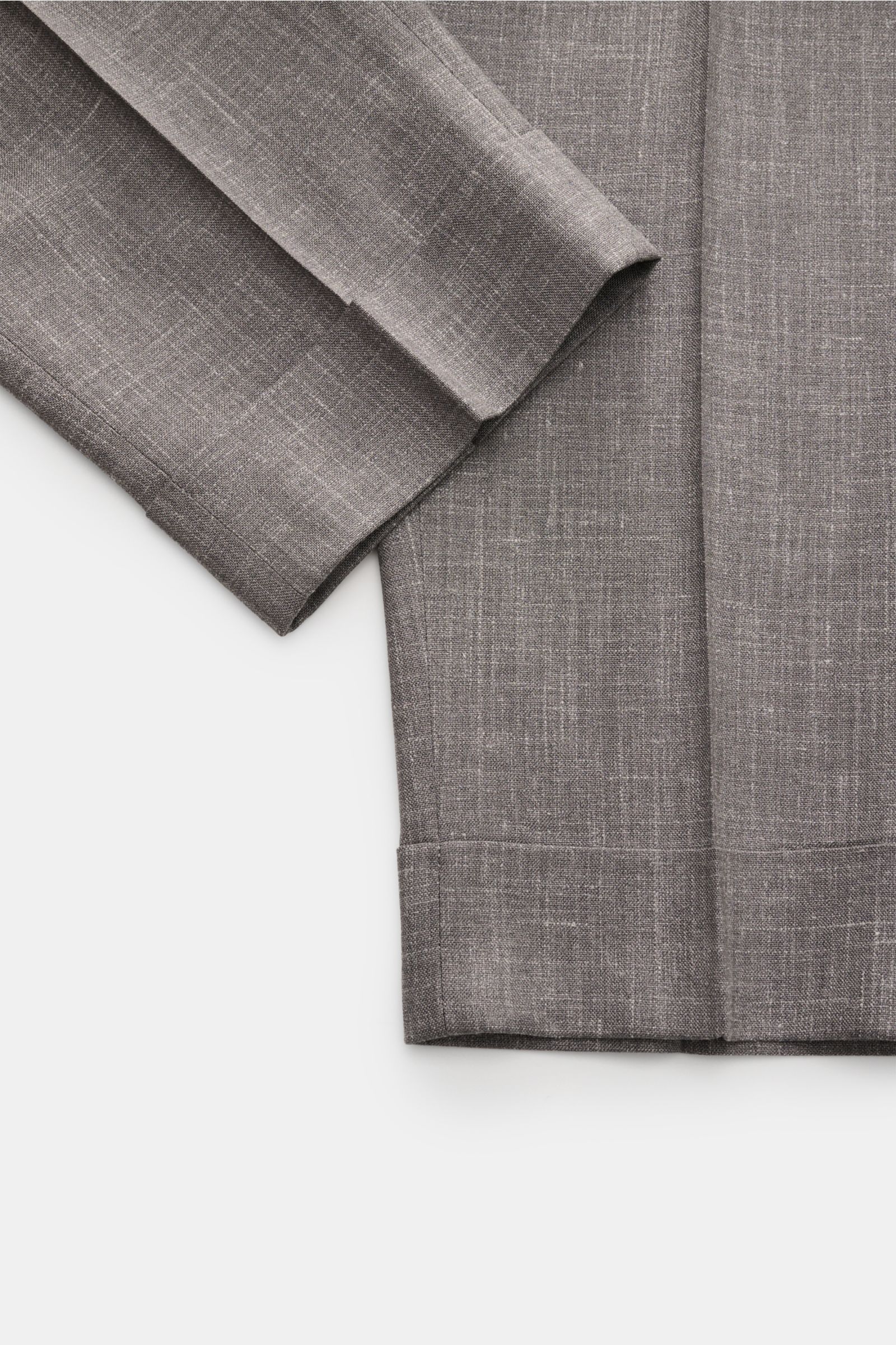 Berwich Hose 'Chiaia' grau meliert, Detailaufnahme von Bundfalte und Saumaufschlag, Materialmix Wolle, Seide, Leinen, Tapered Fit, knöchellang.