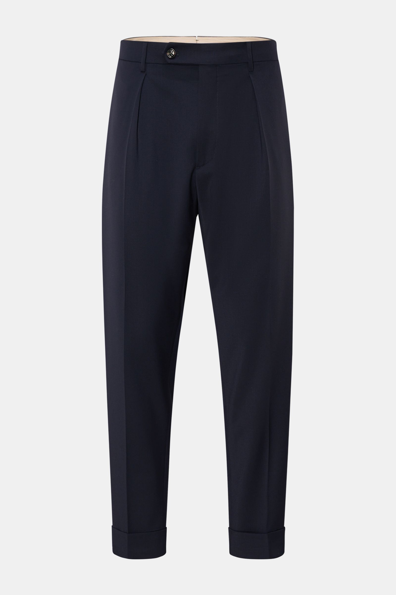Berwich Wool trousers 'Chiaia' navy shown from front, tapered fit ankle-length wool trousers with single pleat, side and hip pockets, fixed hem turn-up. The wool trousers 'Chiaia' by BERWICH give expression to traditional Italian tailoring with a moder