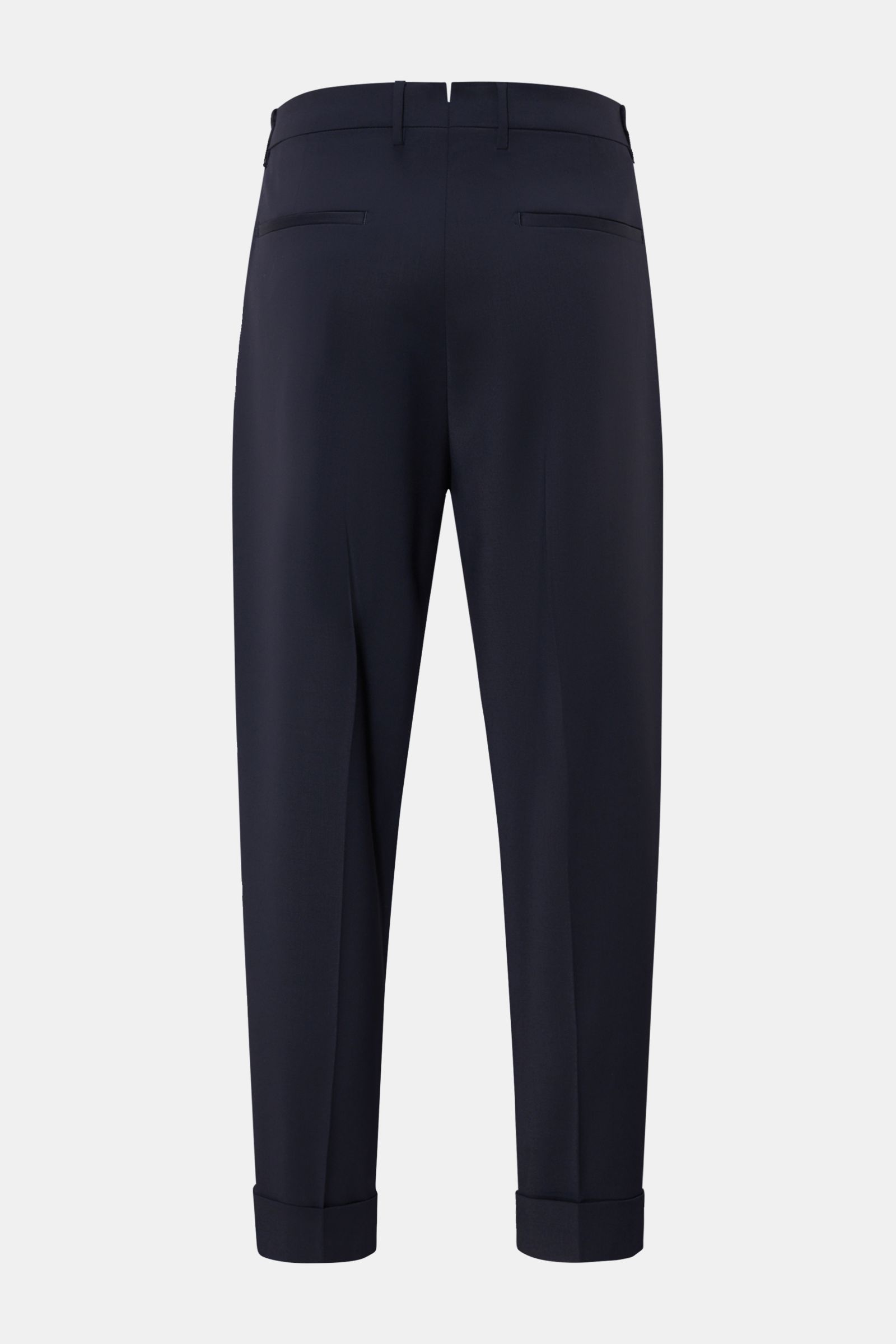 Rear view of Berwich Wool trousers 'Chiaia' navy, tapered fit ankle-length virgin wool pants with single pleat, side and hip pockets, and fixed hem turn-up.