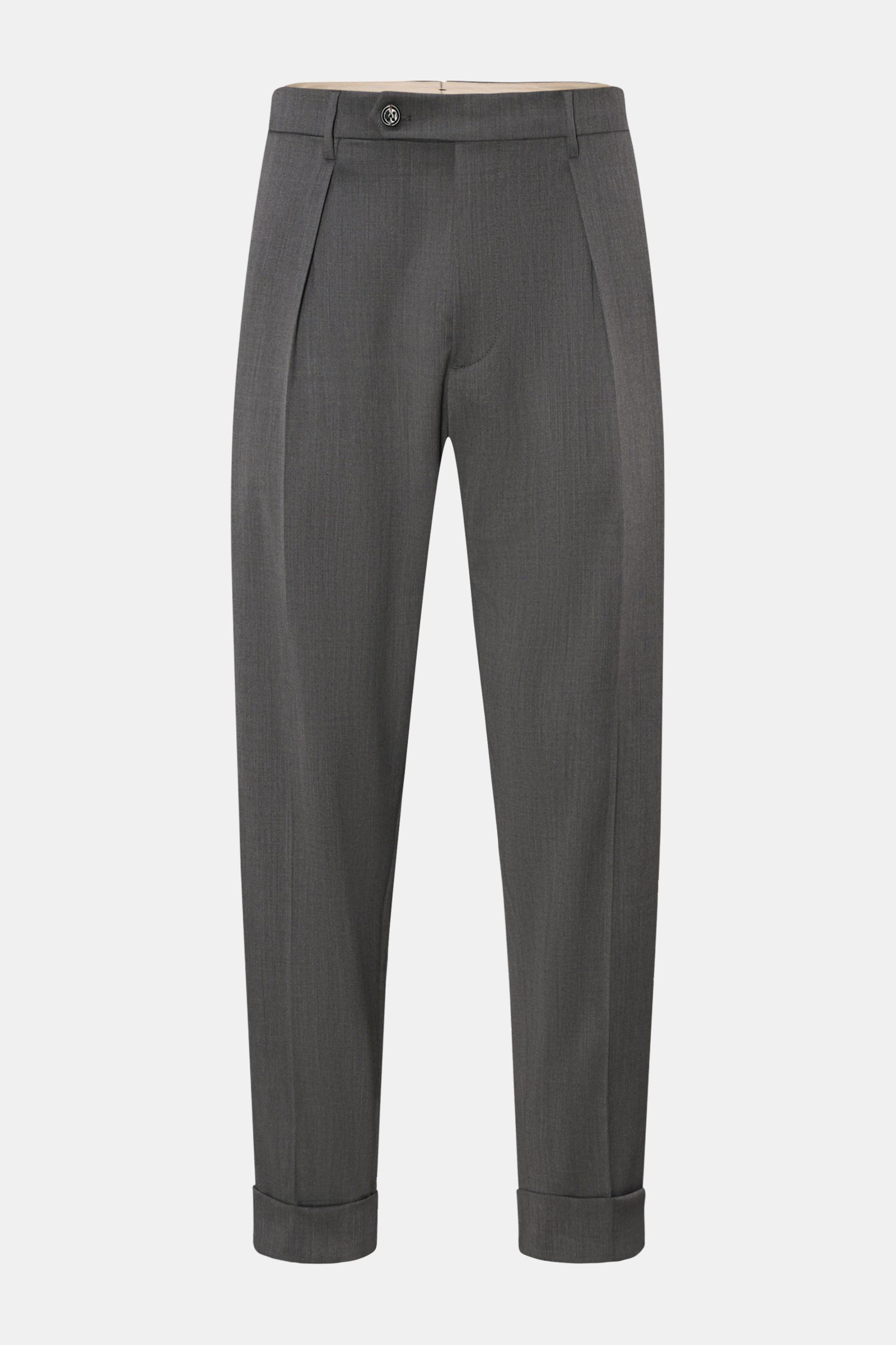 Front view of Berwich Wool trousers 'Chiaia' grey mottled with tapered fit, single pleat, zip and waist buttons, fixed hem turn-up.

The wool trousers 'Chiaia' by BERWICH give expression to traditional Italian tailoring with a modern tapered fit, sligh