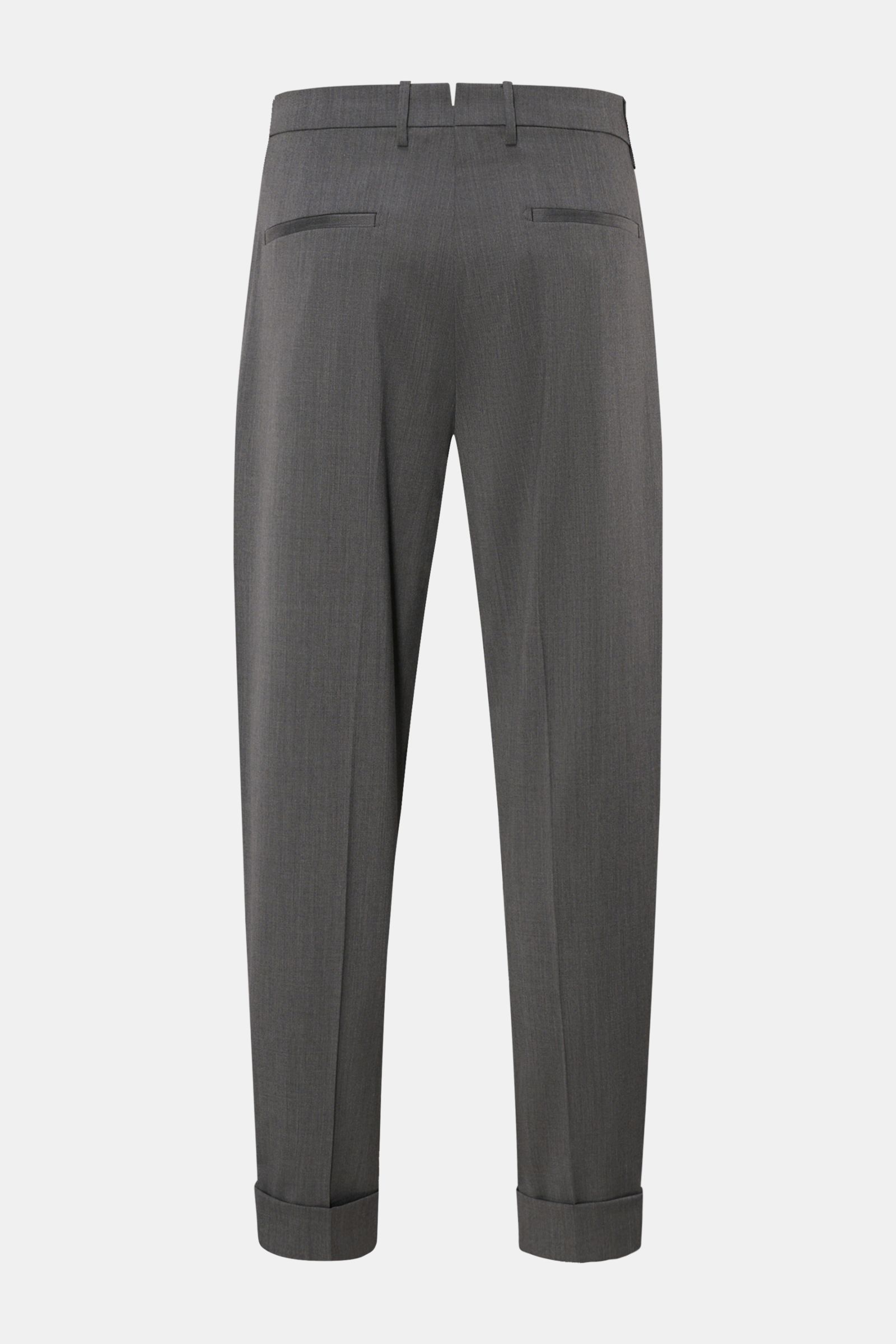 Rear view of Berwich Wool trousers 'Chiaia' grey mottled, tapered fit with single pleats, pockets, fixed hem turn-up, and buttoned tab.

Description: The wool trousers 'Chiaia' by BERWICH give expression to traditional Italian tailoring with a modern t