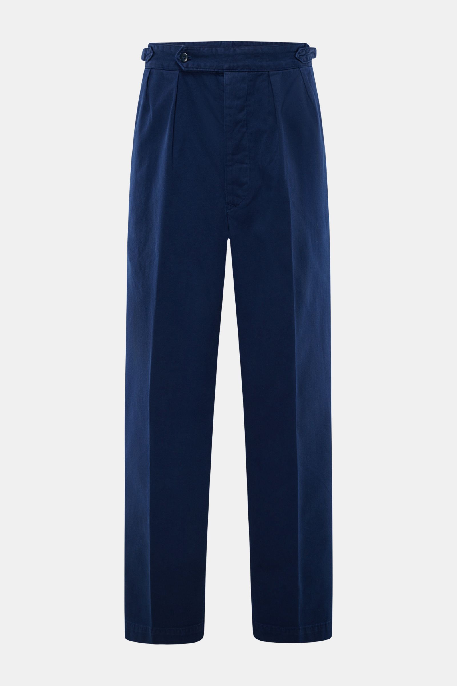 Frontale Nahaufnahme der Polo Ralph Lauren Baumwollhose navy in Twill-Baumwolle, knöchellang, gerader Schnitt, mit Bundknopf, Reißverschluss und Side Adjuster.