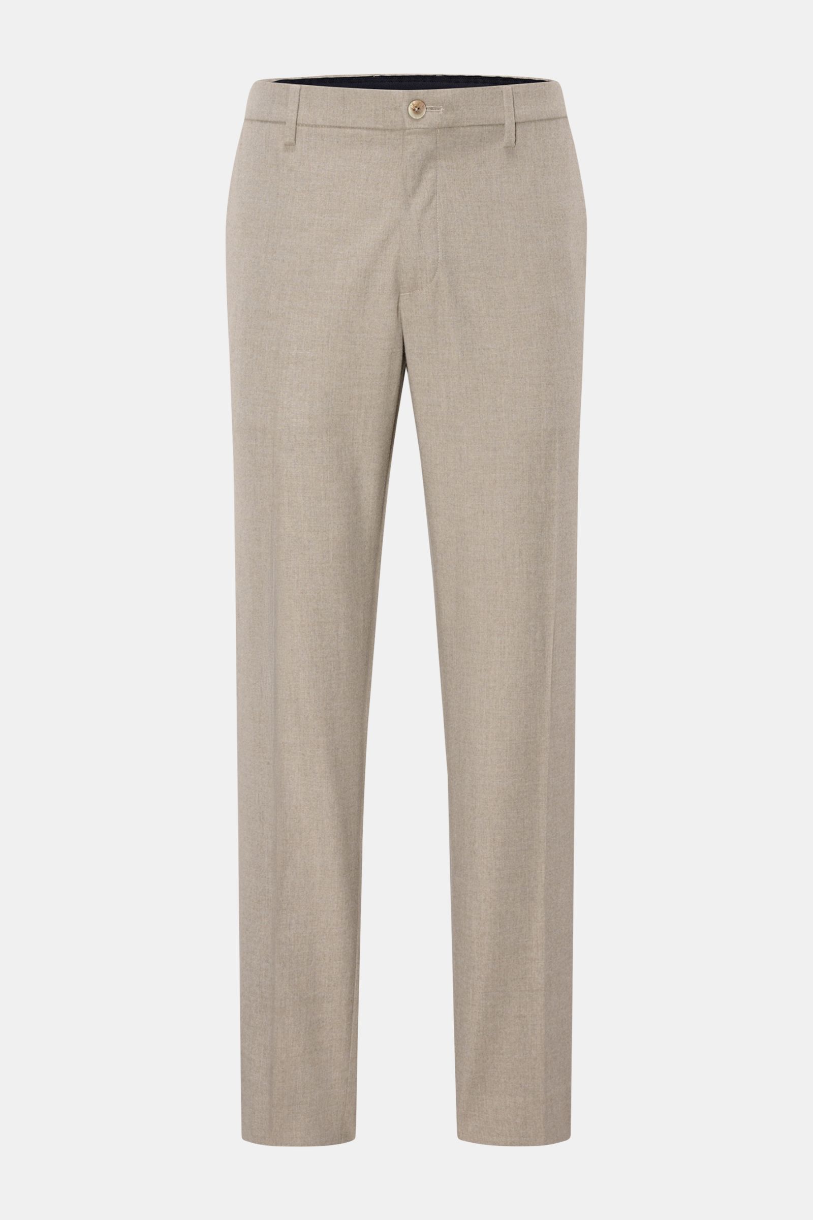 Front view of GTA Trousers 'Davide' beige mottled, ankle-length with a tapered fit, partially elasticated waistband, zip and button closure, French pockets, back buttoned pockets, made from a soft blend of viscose and microfibre for comfort and elegance. 