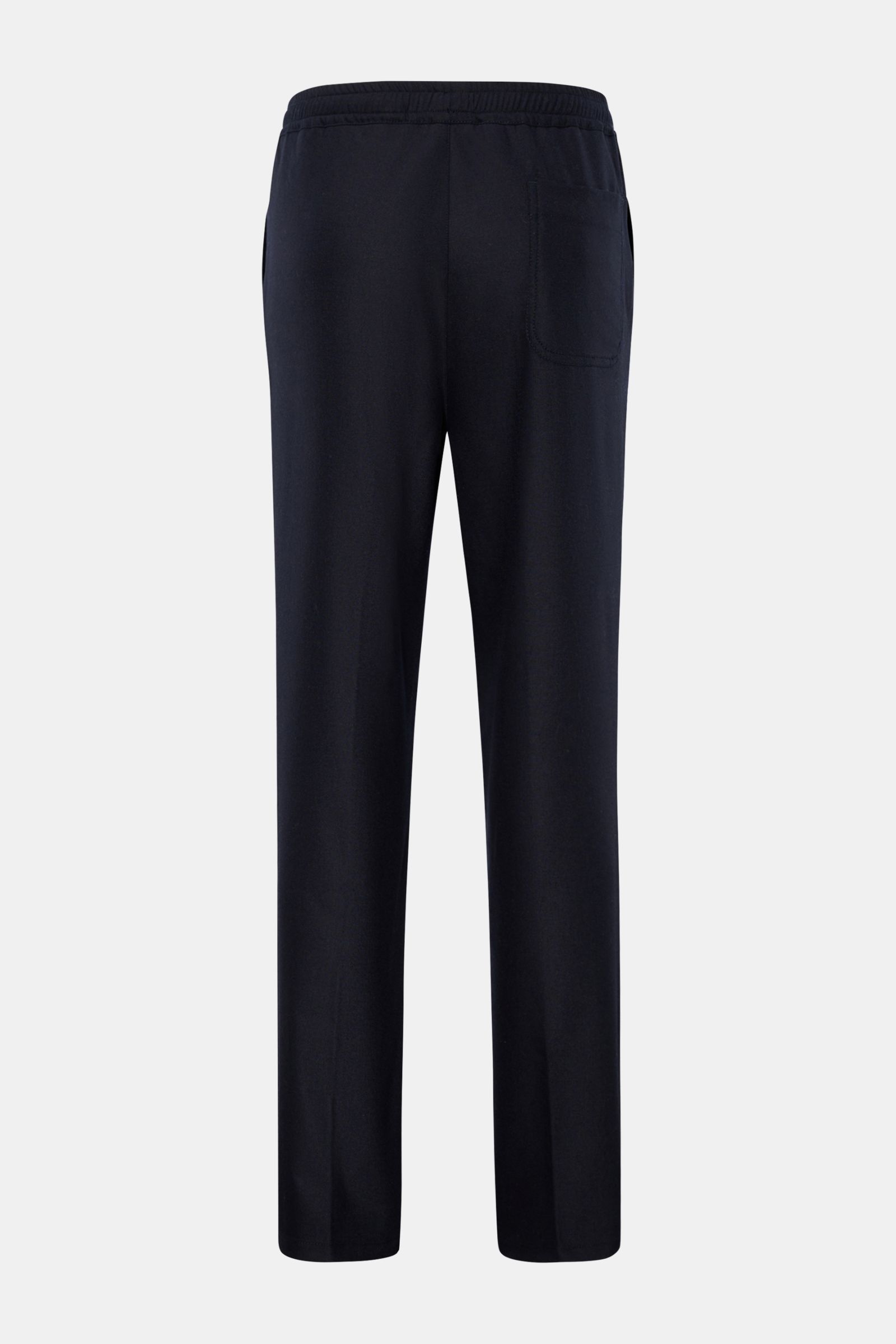 04651/ A trip in a bag Woll-Jogpants 'Flannel Pants' navy, Rückansicht, geschmeidiger Woll-Flanell, elastischer Bund mit Tunnelzug, Taschen, Tapered Fit.