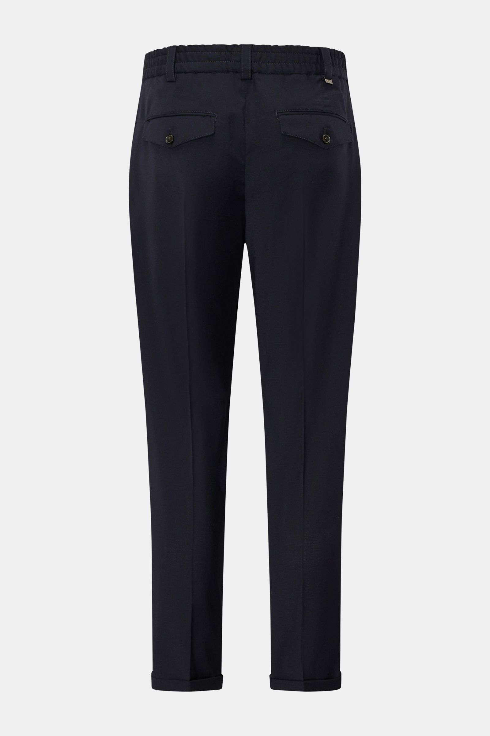 PT Torino Hose 'The Rebel' dark navy Rückansicht, knöchellang mit fixiertem Saumaufschlag, weicher Woll-Microfaser-Mix, Rebel Fit, geknöpfte Gesäßtaschen, französische Taschen, Button Fly, Bundknopf.