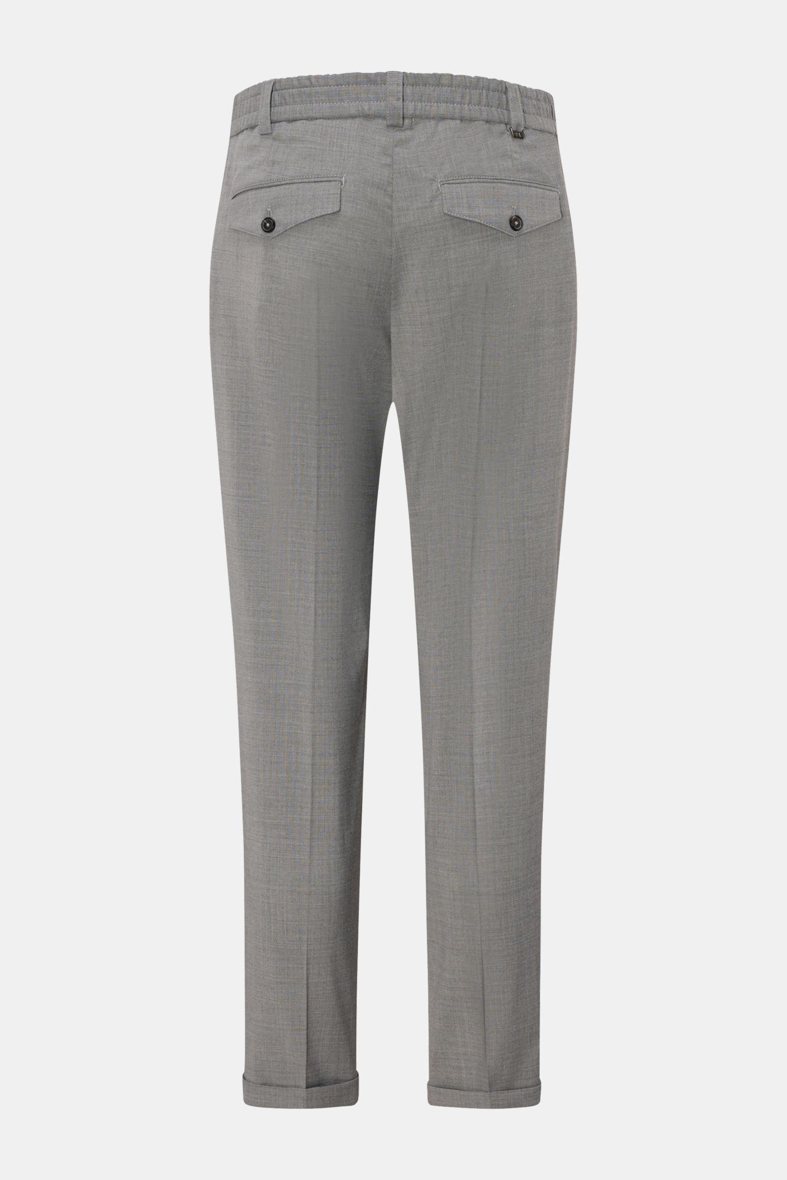 PT Torino Hose 'The Rebel' grau meliert shown from the back, ankle-length pants in wool-microfiber mix with buttoned back pockets, fixed cuffs, and elastic waistband, offering Rebel Fit with regular thigh width. 'The Rebel' vom Hosen-Experten PT TORINO