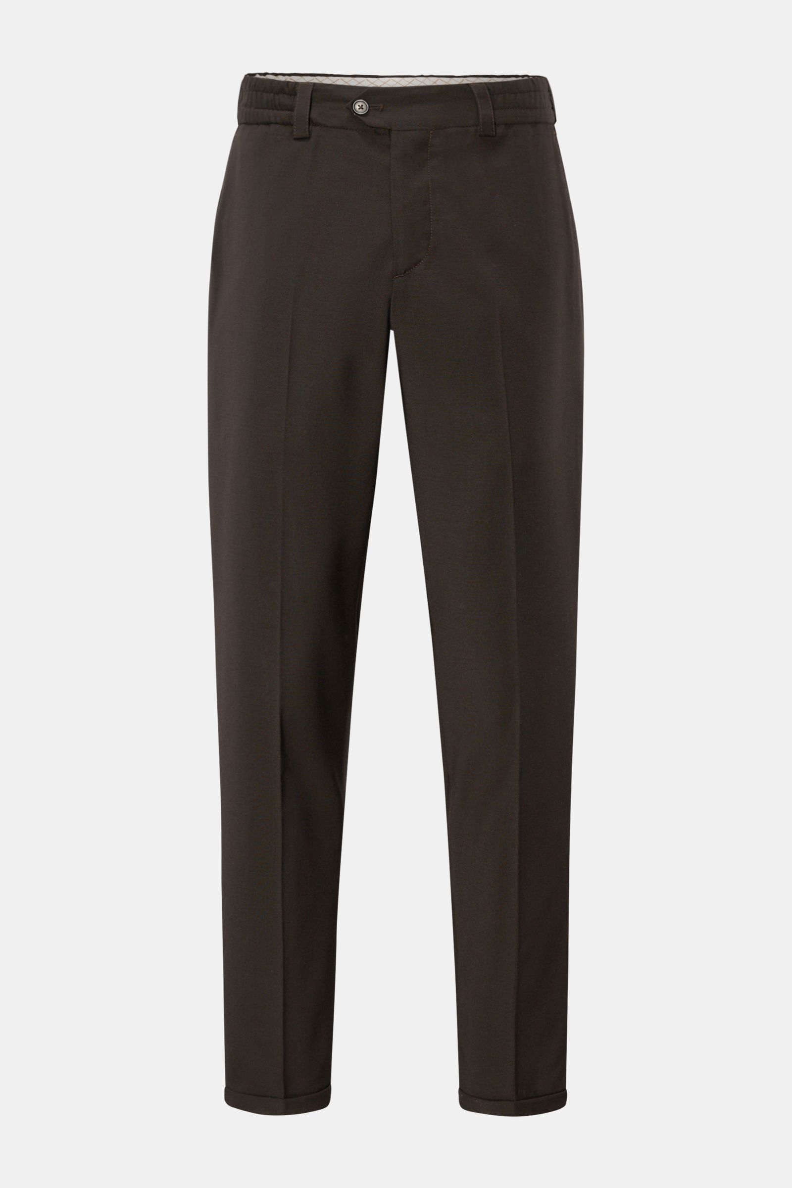 PT Torino Trousers 'The Rebel' dark brown shown from the front, ankle-length with button fly, French pockets, wool-microfibre blend.  
'The Rebel' from trouser experts PT TORINO is guaranteed to be your faithful companion for spring and summer. With th