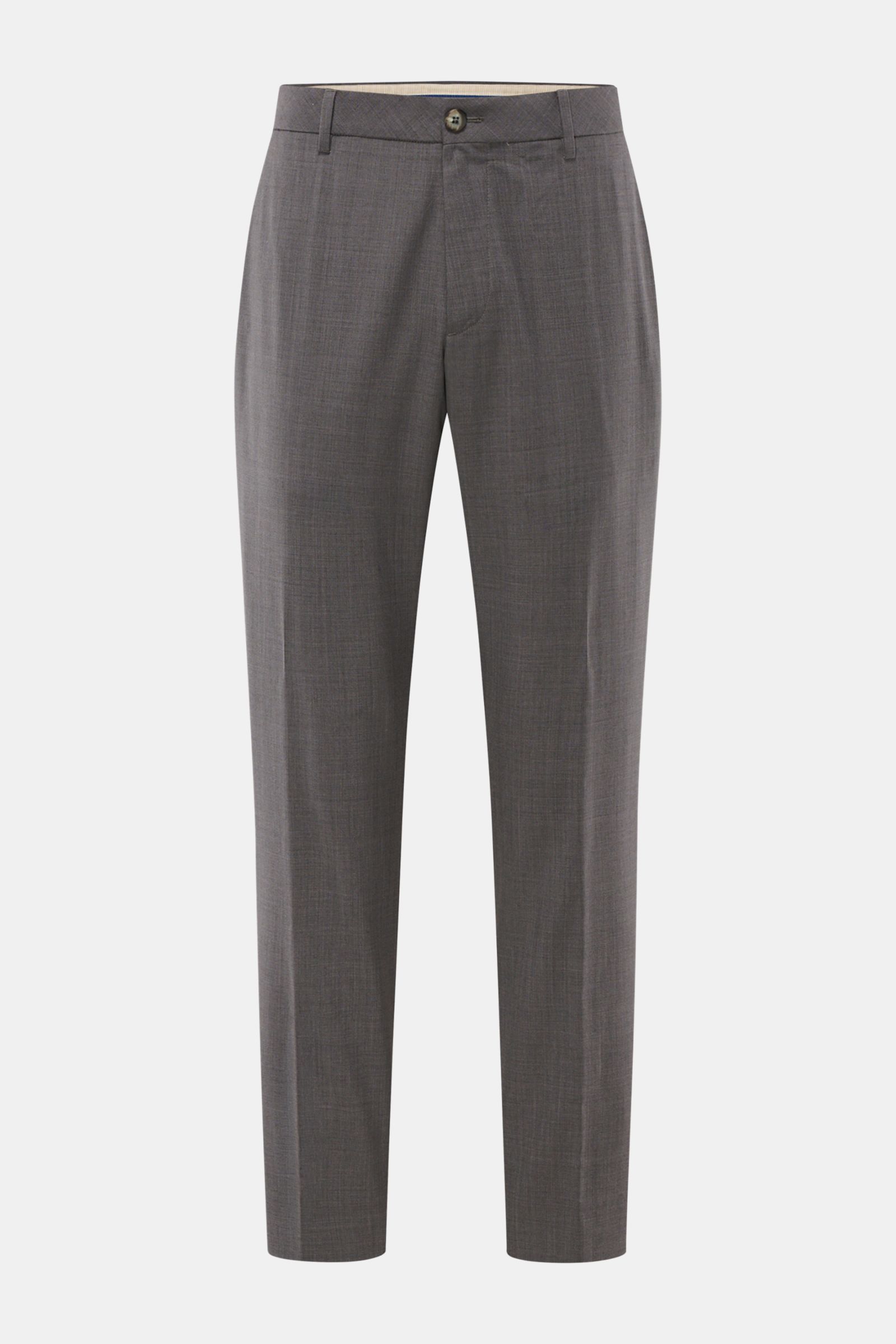 GTA Wollhose 'Davide' dunkelgrau meliert, Frontansicht, reine Schurwolle, leichter Stoff, glatter Griff, Tapered Fit, verkürzte Beinlänge, französische Taschen, Logo-Detail, Bundknopf und Reißverschluss.