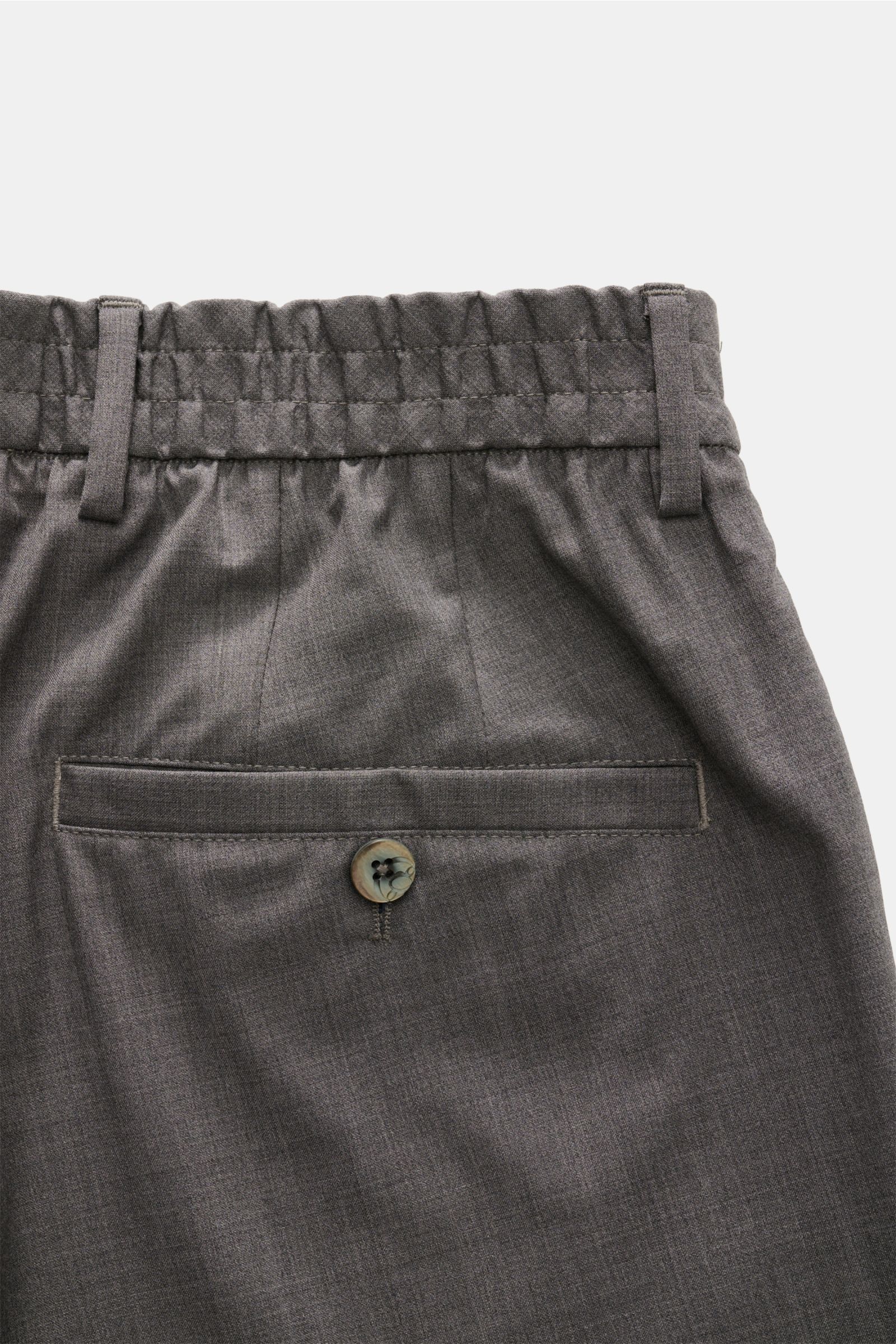GTA Wollhose 'Davide' dunkelgrau meliert, Detailaufnahme von hinten, Bund mit elastischem Band, Knopf-Gesäßtasche, reine Schurwolle, Tapered Fit, Business-Style.
