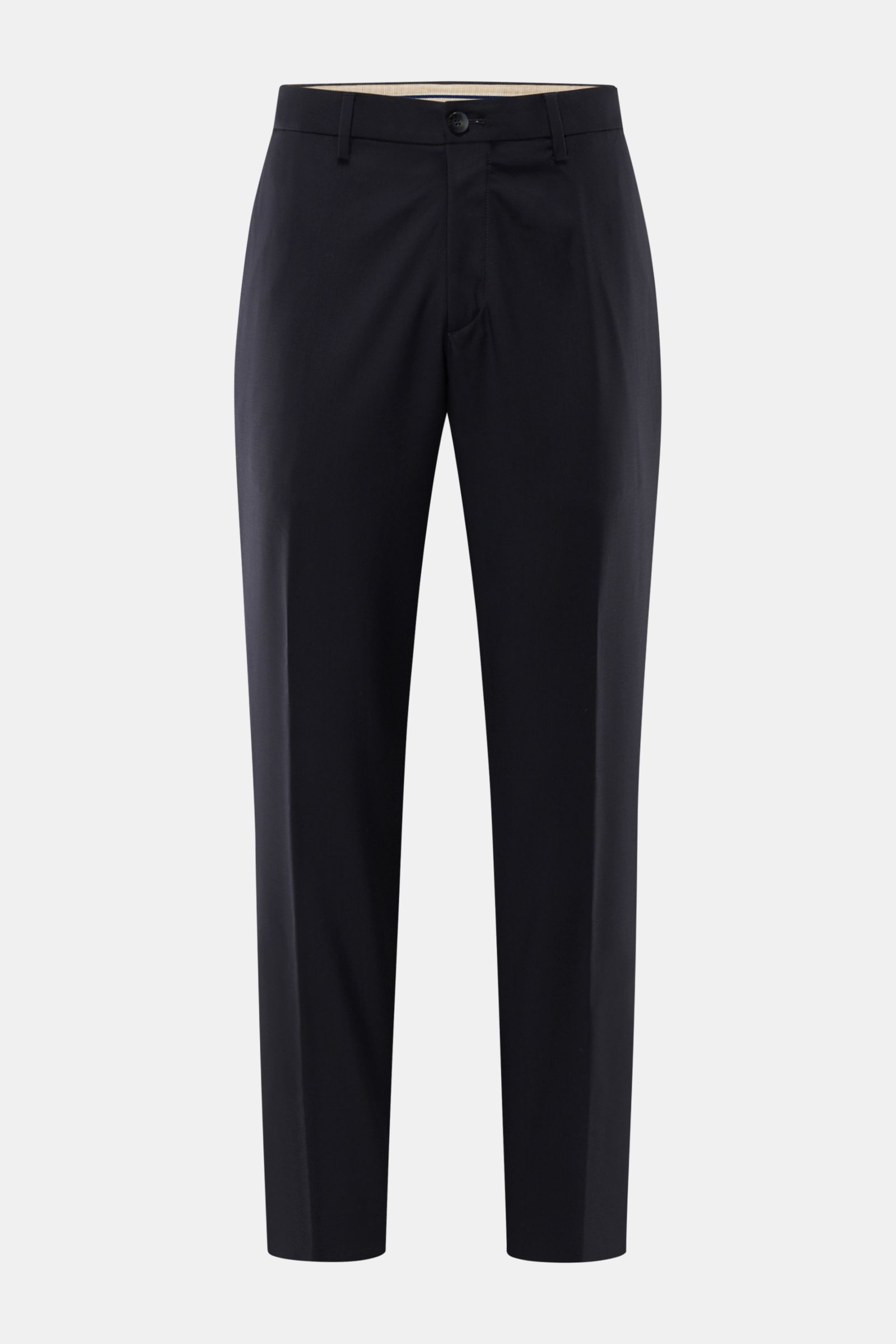 GTA Wollhose 'Davide' dark navy, frontale Nahaufnahme, schmal zulaufend, reine Schurwolle, Tapered Fit, Bundknopf, Reißverschluss, französische Taschen.