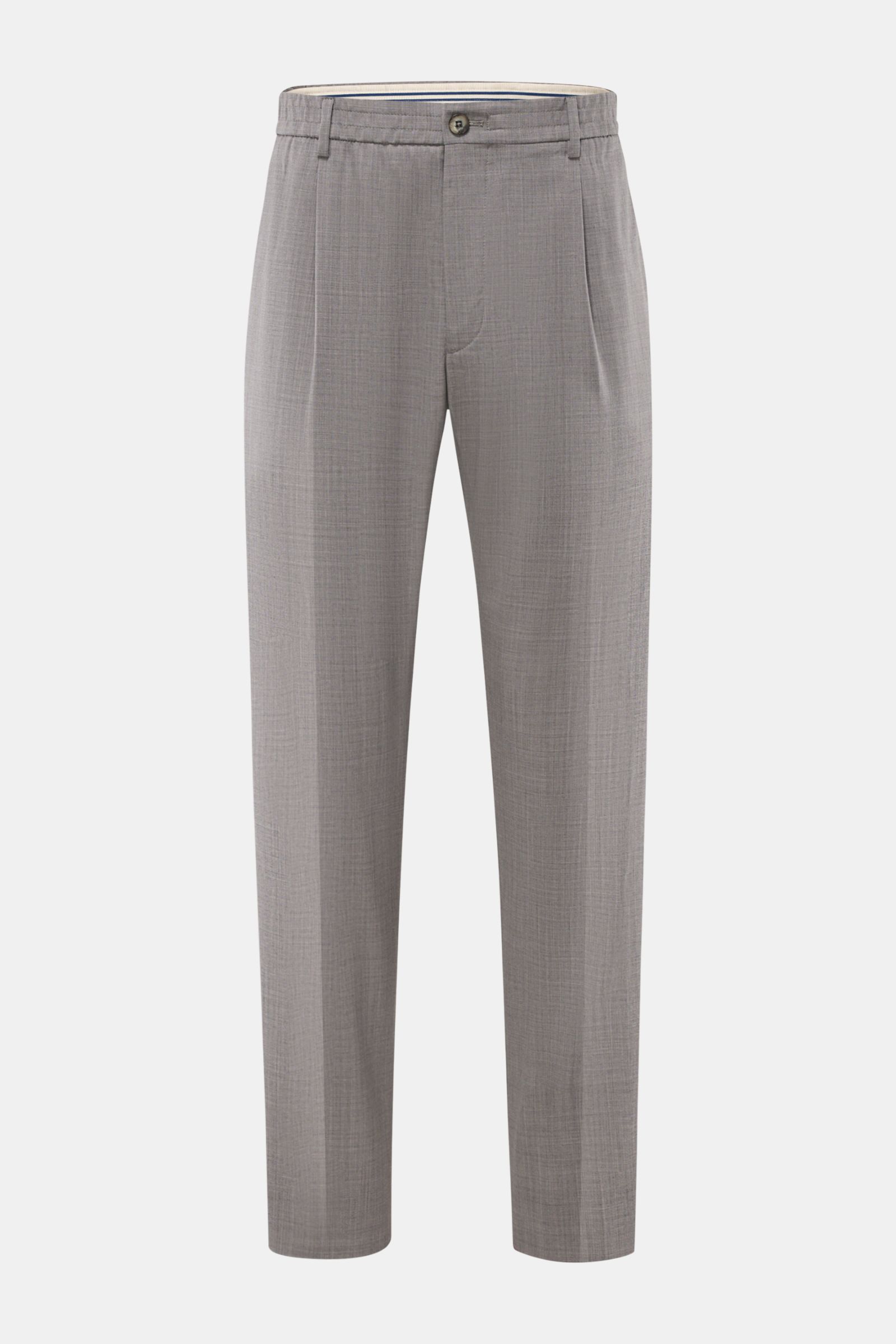GTA Woll-Jogpants 'New Paul' grau meliert, frontale Nahaufnahme, reine Schurwolle, elastischer Bund, tapered Fit, verkürzte Beinlänge, französische Taschen.