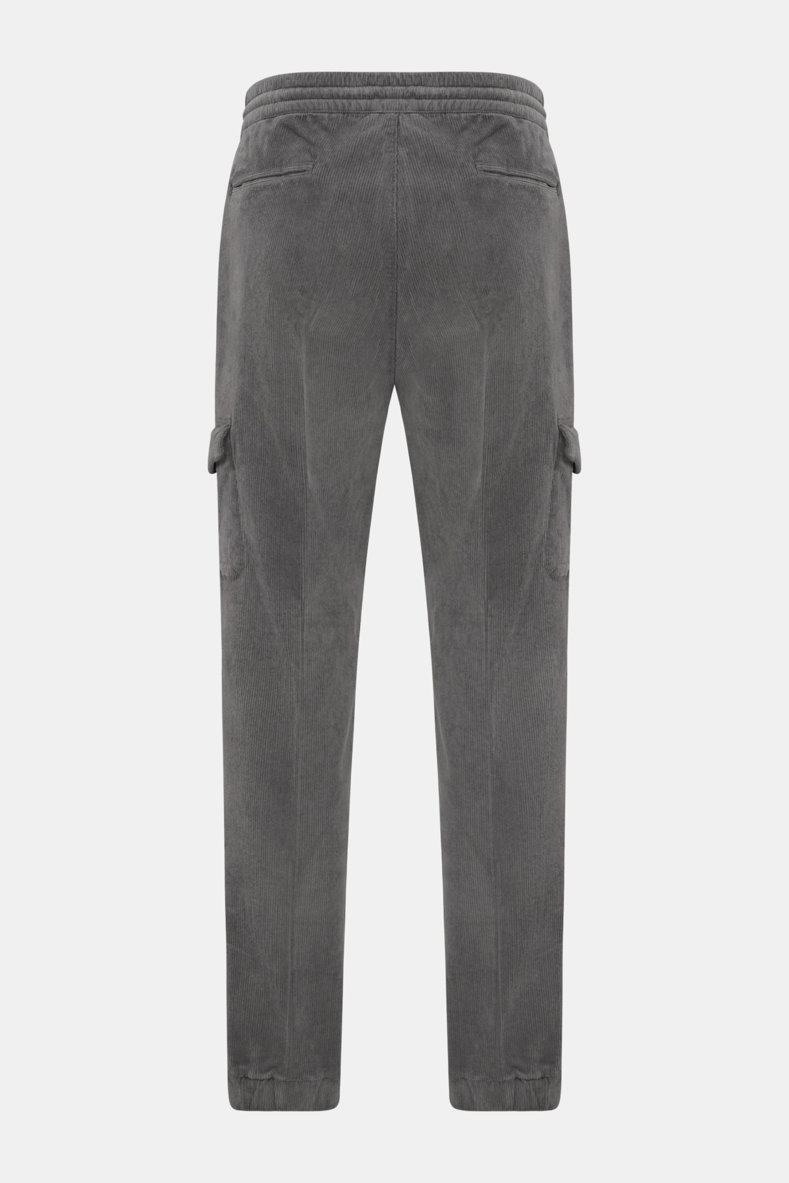 Back view of 04651/ A trip in a bag Cord-Joggpants 'Smart Cord Cargo' oliv, cropped cotton fine cord joggers with cargo pockets, stretch, elastic cuffs, and garment dyed finish. Features a regular fit, tapered legs, elastic waistband with drawstring, zipp