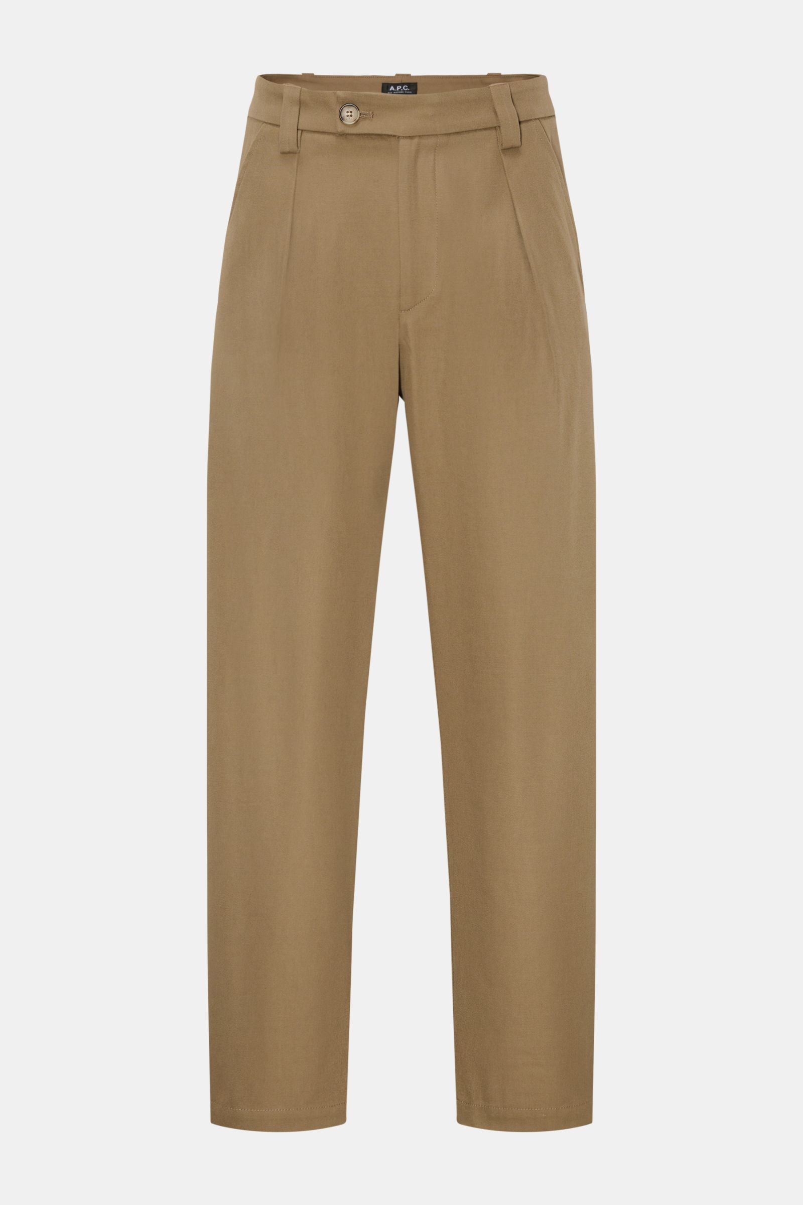 A.P.C. Baumwollhose 'Renato' oliv, Twill, Tapered Fit, knöchellang, hohe Bundhöhe, Zip Fly, französische Taschen, Frontalansicht.