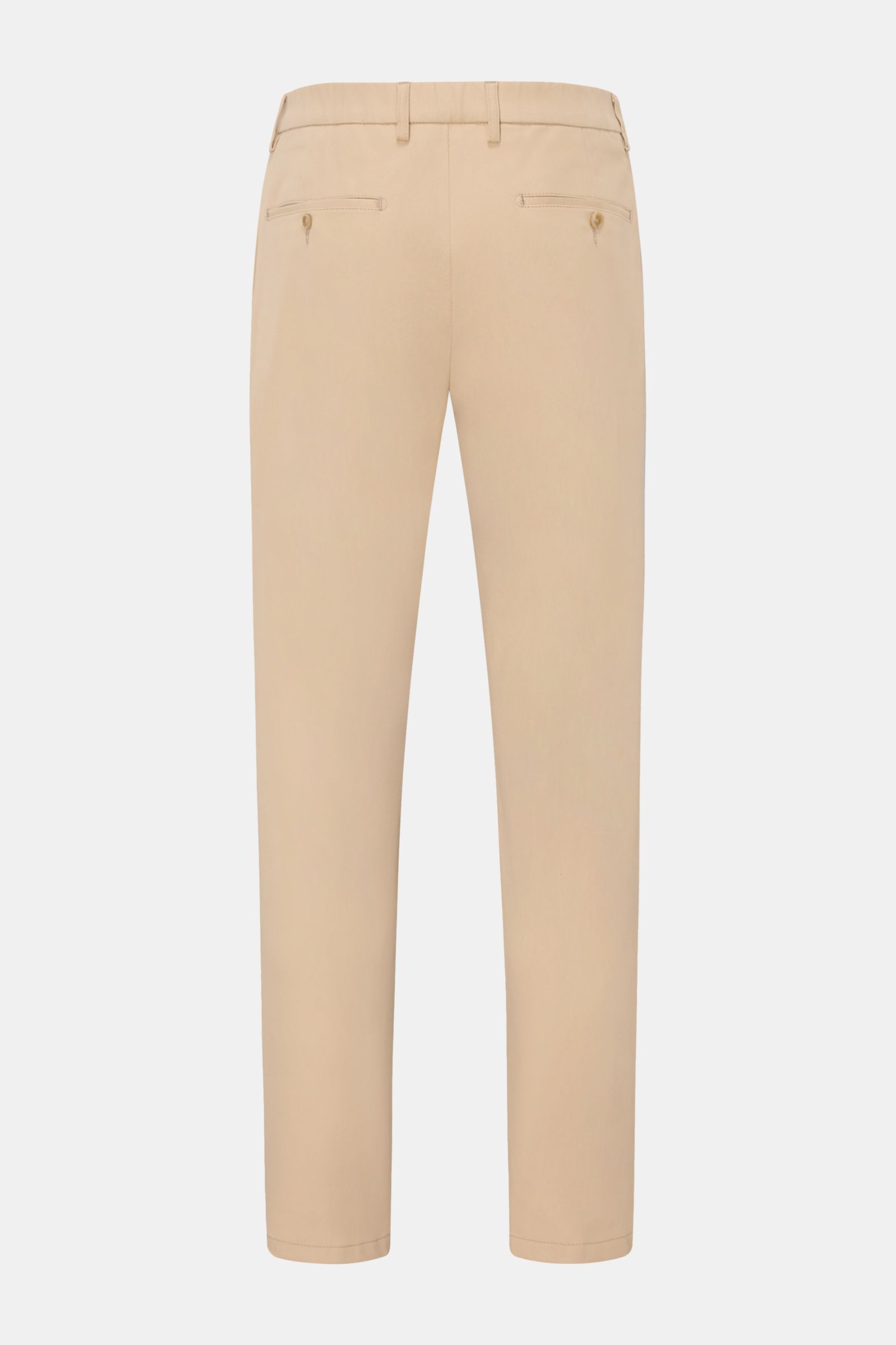 Marco Pescarolo Chinos 'Far' beige shown from the back, soft twill cotton-cashmere blend with stretch, regular fit, French pockets, buttoned welt back pockets, zip and button closure, partial elastic waistband, single pleat. Die softe Chino 'Far' aus dem 